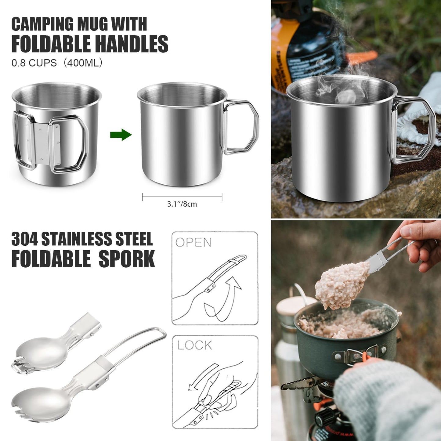 Odoland 8pcs Camping Cookware Mess Kit, Camping Pot and Pan Set with Mini Backpacking Stove, Stainless Steel Cup, Spork and Tank Bracket, Cooking Gear for Outdoor, Hiking, Picnic, Campfire, Red
