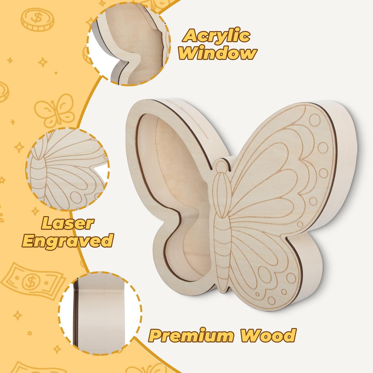 Butterfly Piggy Bank for Kids, Paint Your Own DIY Butterfly Bank with Clear Window, Wooden Savings Box for Coins and Bills, Room Decor Gift