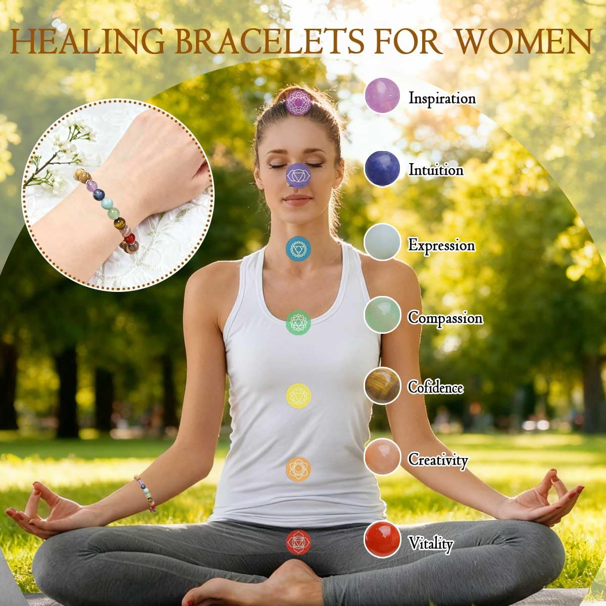 ZaisuiFun 7 Chakra Bracelet for Women, Healing Stones for Anxiety Relief, Spiritual Crystal Energy Bracelet for Meditation, Relaxation Positive Vibes,Volcanic Black,M