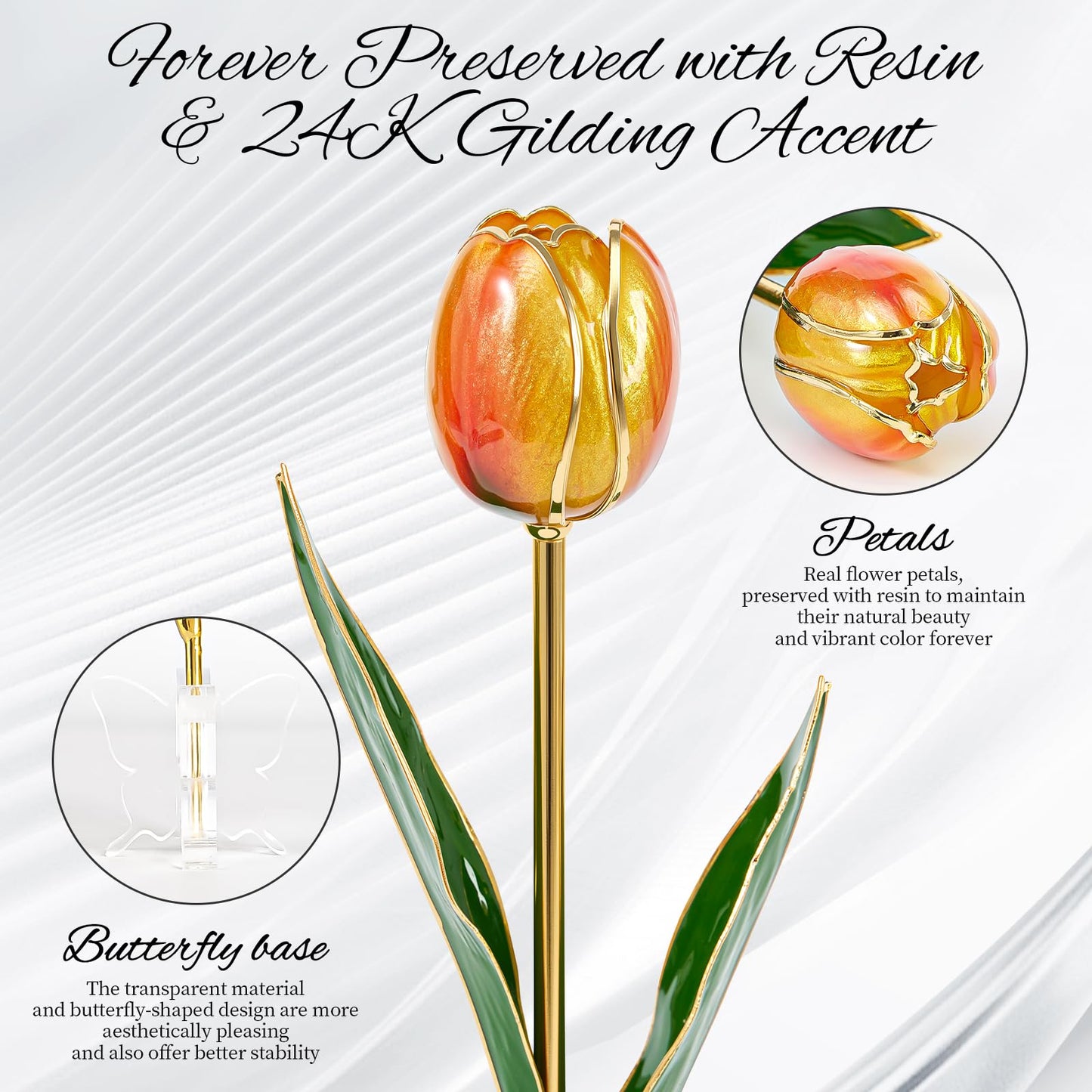 Mikasol 24K Gold Dipped Real Tulip – Amber Glow, Warm Forever Flower with Book-Style Gift Box & Butterfly Stand, Perfect for Her, Wife, Mom, Birthday, Anniversary