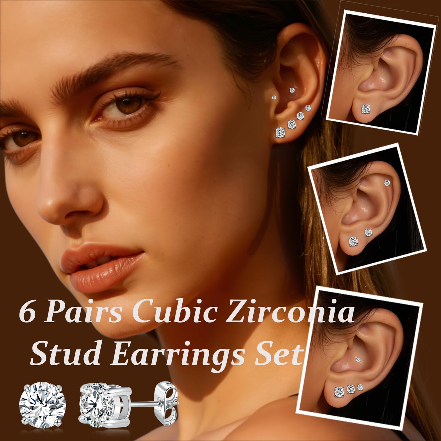 Gemsme 6 Pairs Cubic Zirconia Stud Earrings for Women/Men - 3-8mm Round Cut 4 Prong Settings 18K Gold Plated Hypoallergenic Earrings Set -White Gold