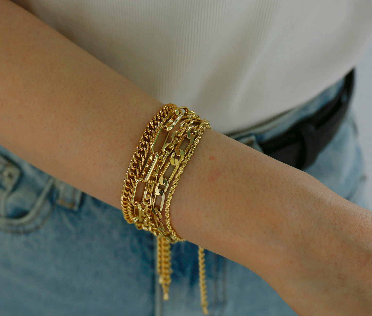 CONRAN KREMIX Gold Chain Bracelets Set For Women Dainty 14K Gold Plated Chunky Link Layered Paperclip Rope Chain Stake Bracelet Sets Fashion Trendy Gold Jewelry For Women