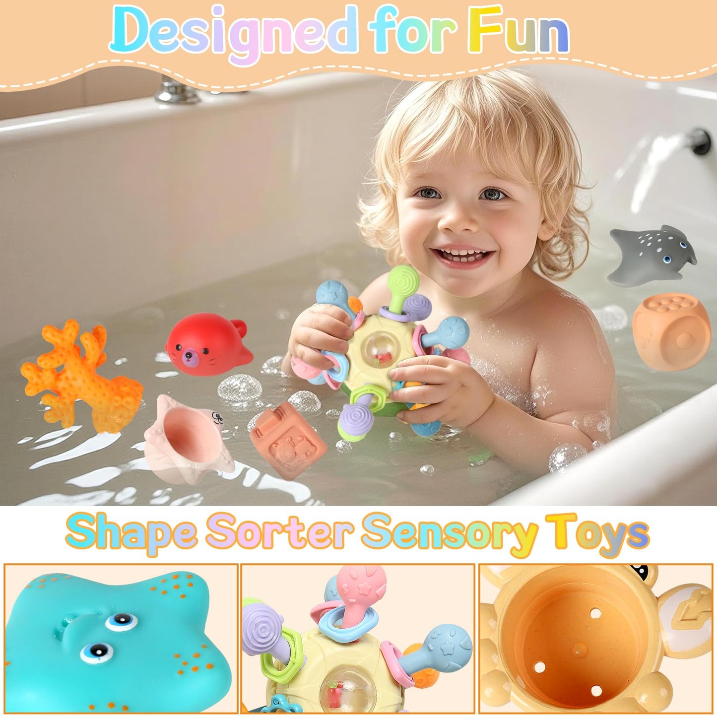 7-in-1 Montessori Baby Toys with Shape Sorter Sensory Bin, Stacking Cups, Soft Sea Animal Toys for 6-12-18 Months, Fun Bath Time Learning Developmental Toys Gifts for 1 2 3 Year Old Girls Boys