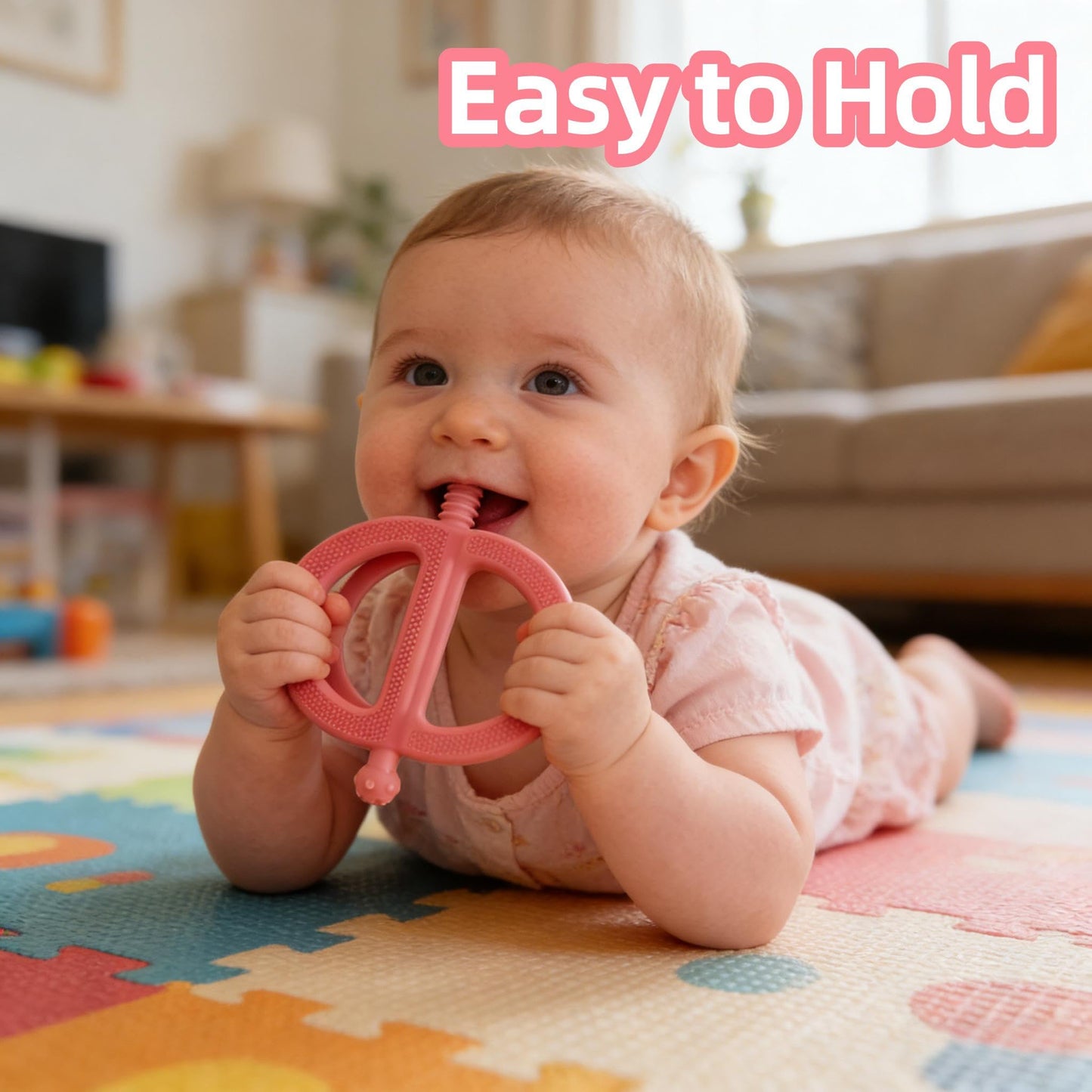 Baby Teething Toys Easy to Hold - 100% Food Grade Silicone Teething Ring for Babies 0-18 Months - BPA Free Teething Pain Relief for Infants 3-6-12 Months,Yellow&Pink