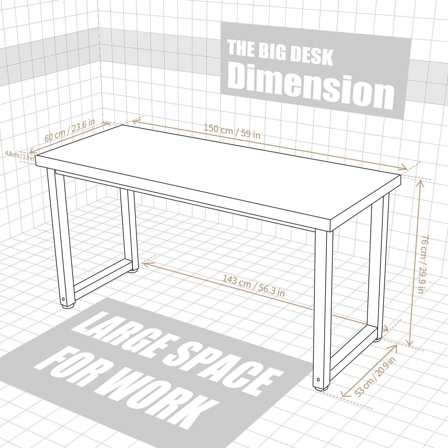 TOPSKY Computer Desk 59 inch Large Office Desk, Gaming Desk Writing Desk, Large Legroom, Metal Frame, 1.88" Thickness Desktop (Rustic Brown)