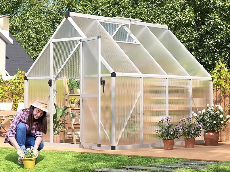 6x7 FT Outdoor Polycarbonate Greenhouse with Lockable Door, Adjustable Roof Vent, and Windproof Aluminum Frame, Walk-in Design for Backyard or Lawn