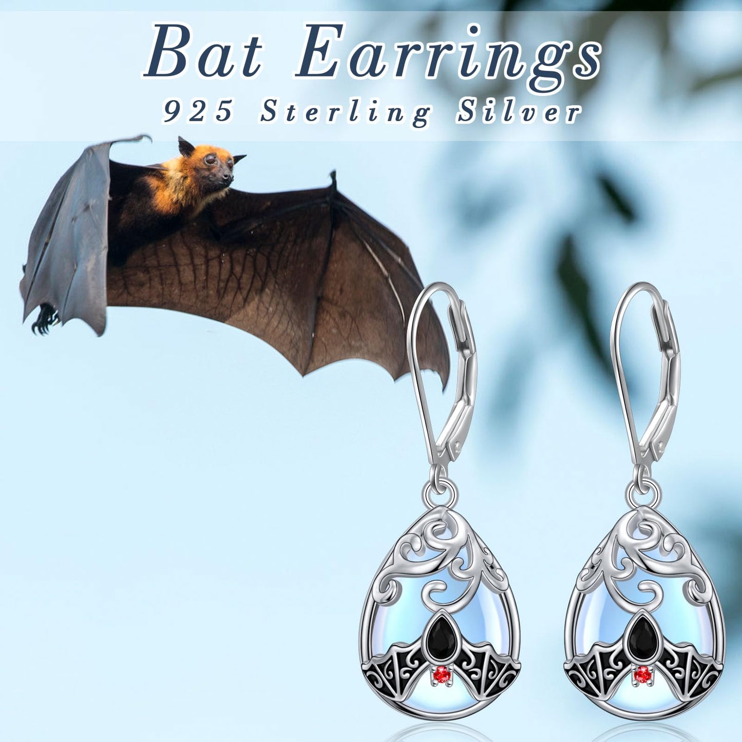 SHAOAN 925 Sterling Silver Bat Moonstone Dangle Drop Earrings for Women Leverback Animal Earrings Jewelry Gift for Halloween Birthday Christmas
