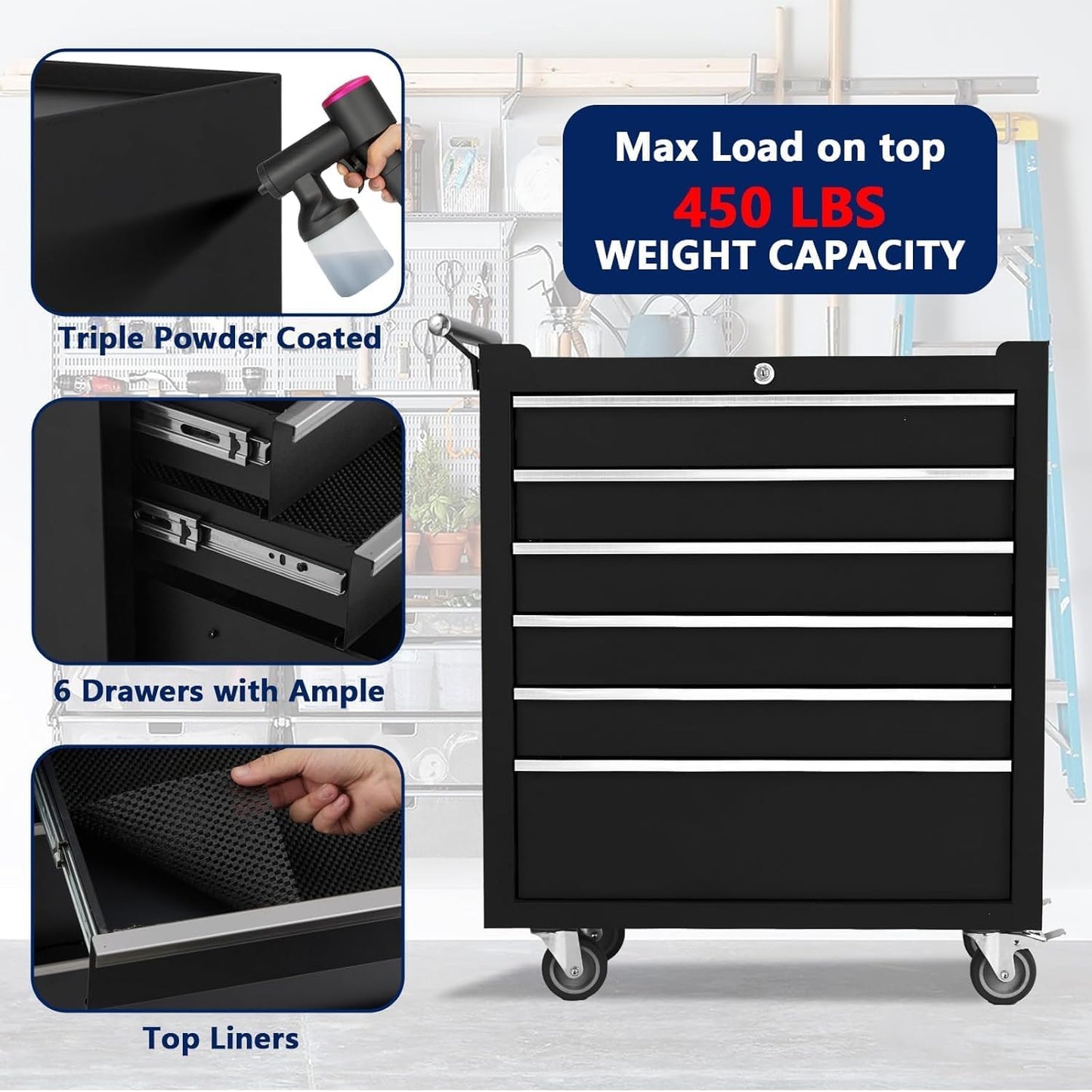 Rolling Tool Chest, 6 Drawers Tool Storage Cabinet with Wheels, Portable Tool Cabinet Organizer with Locking System & Drawer Liners,Universal Lockable Wheels, Tool Storage Cart for Garage, Workshop