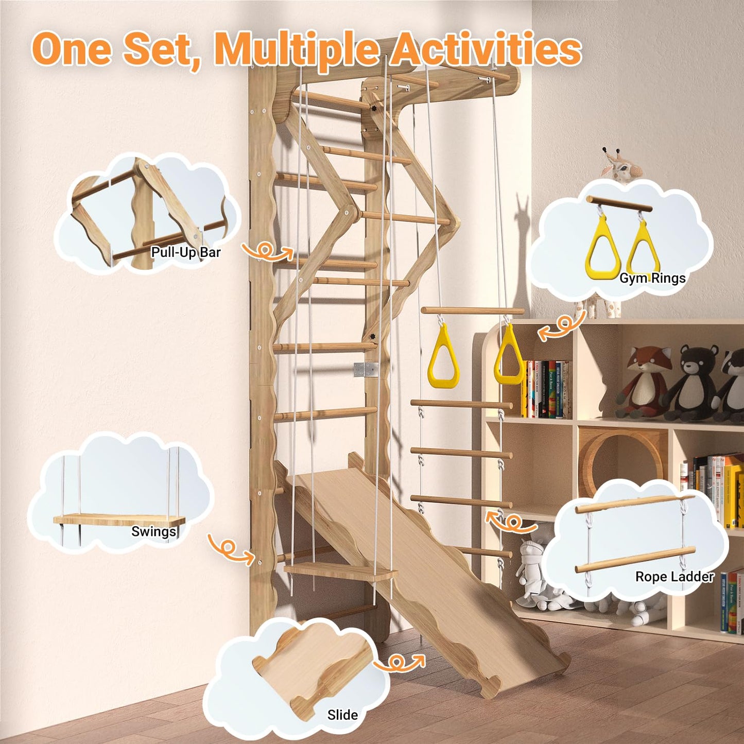 Mulinsonfly 5-in-1 Wooden Indoor Jungle Gym for Kids, Wall-Mounted Swedish Ladder with Pull-Up Bar, Rings, Swing, and Slide – Montessori-Inspired Kids Playset for Fun & Development, Ages 3-8