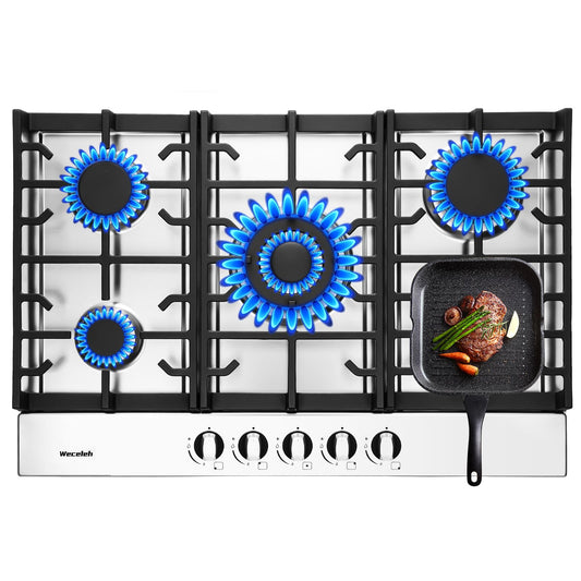 30 Inch Built in Gas Cooktop, 5 Sealed Burners Gas Stove Top, NG/LPG Convertible Propane Cooktop, Auto Ignition, Stainless Steel Surface, Cast Iron Grates, Thermocouple Protection, ETL