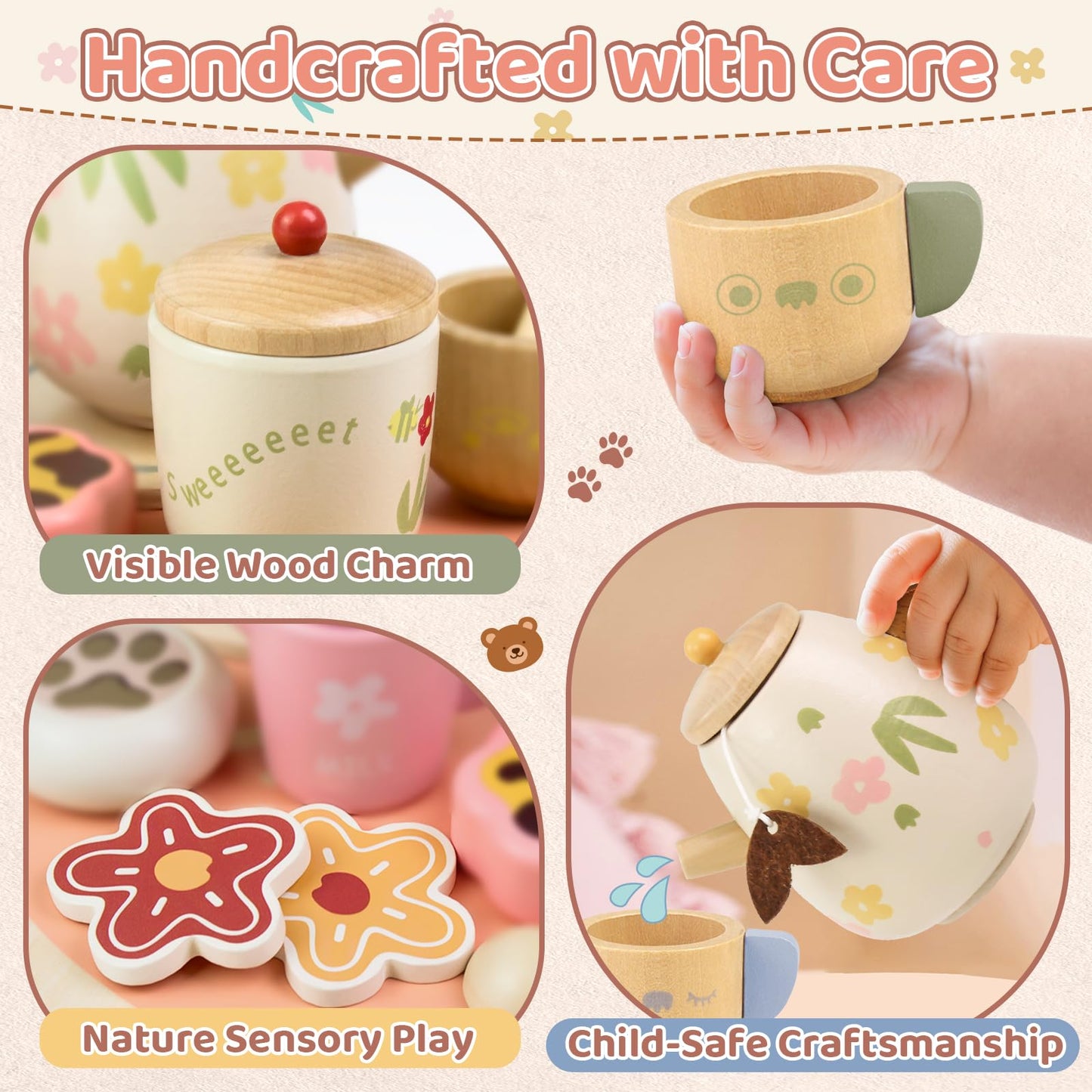 Beberolen Tea Party Set for Toddlers 3-5 Girls Boy Birthday Gift Pretend Play Food Wooden Picnic Outdoor Toys Kids Age 2 3 4 5 6 Educational Wood Toy