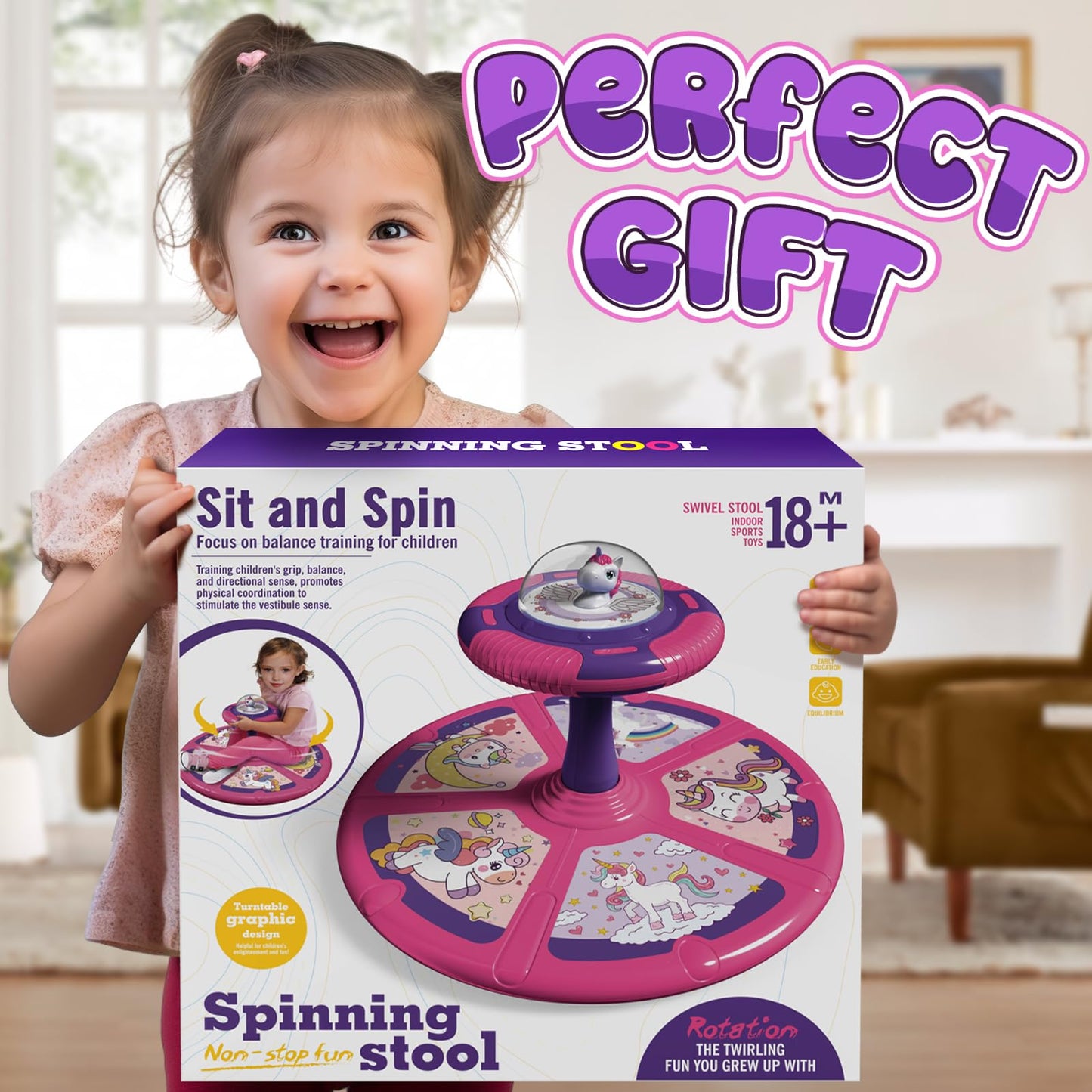 Flooyes Unicorn Sit and Spin Toys for Toddlers Girls 2 Years Old, Christmas Birthday Gifts for 1 2 3 4, with LED and Music, 360° Spin