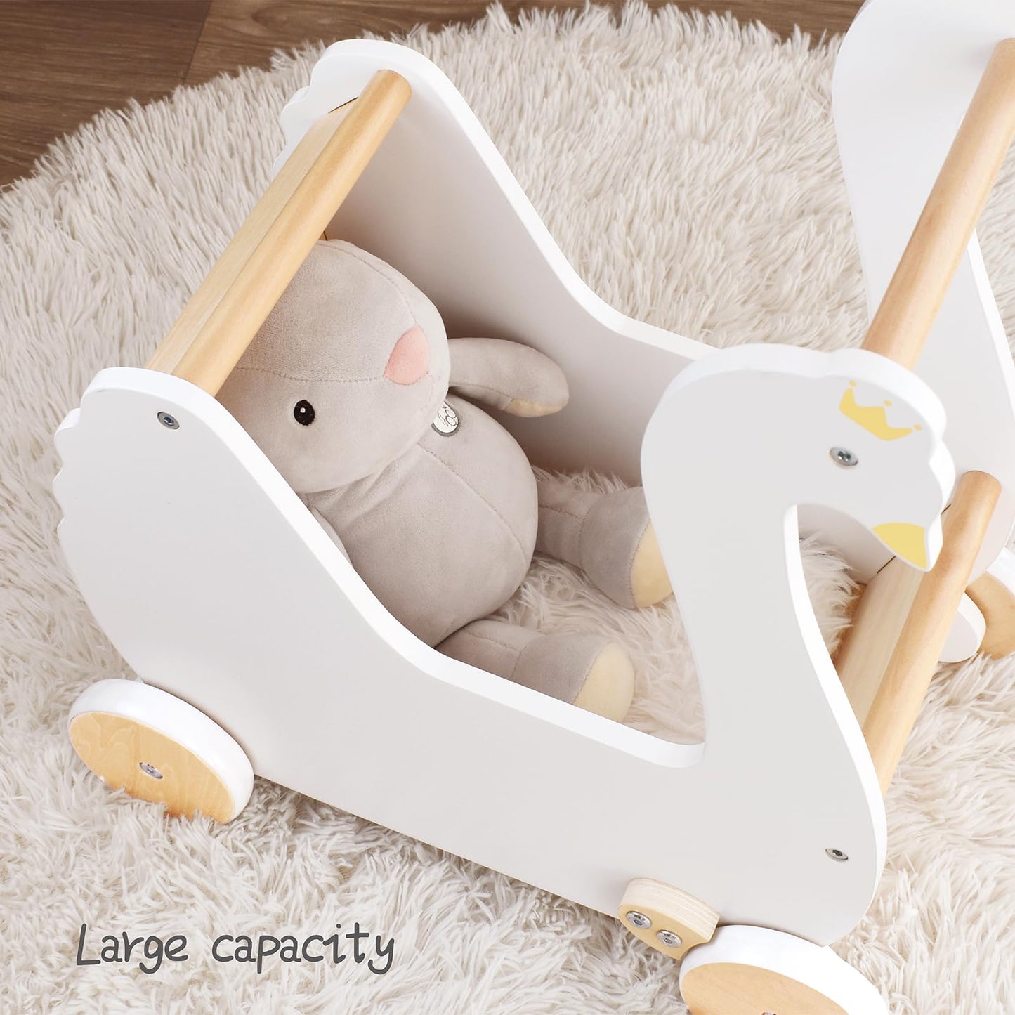 Pillowhale Wooden Doll Stroller, Baby Pram Toy, Wooden Swan Baby Walker for Toddler Boys & Girls 18 Months and Up