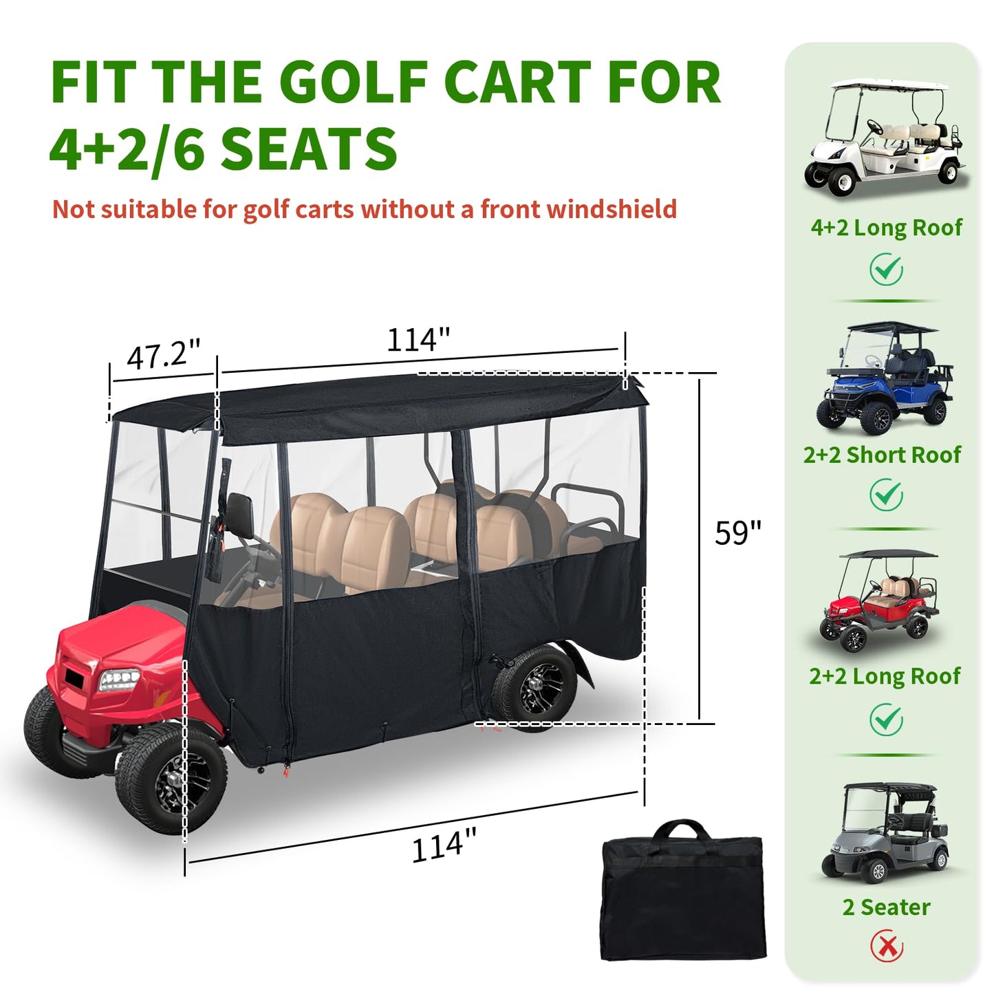 Tecoom Golf Cart Enclosure 4+2/6 Passenger, Golf Rain Cover 600D Waterproof Snowproof, 4 Door Zippers, 4-Side Clear Windows and 8 Windproof Hooks, Fit for EZGO, Yamaha, Club Car, Long Roof 144''L
