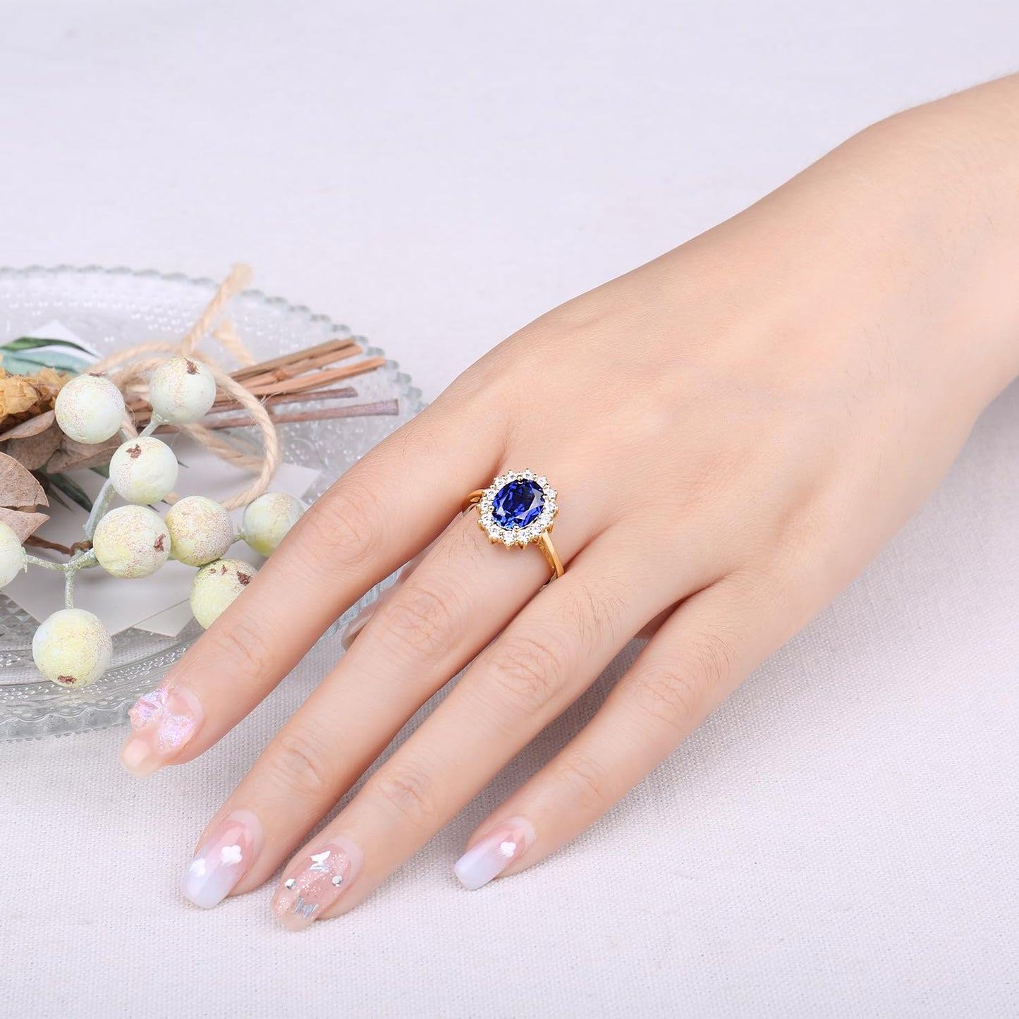 JewelryPalace Princess Diana Kate Middleton Gemstone Birthstone Royal Blue Created Spinel Halo Statement Engagement Rings for Women, 14K Yellow Gold Plated Promise Rings for Her Size 10.5