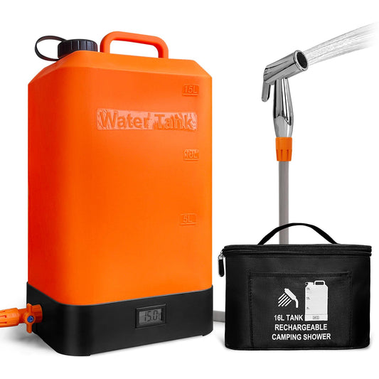 B. TAWD 4.5 Gallon Silicone Water Tank, Portable Camping Shower, USB Battery Charging, Solar Heating, with Shower Head, Electric Portable Outdoor Shower, Built-in Thermometer, Beach, Camping, Hiking