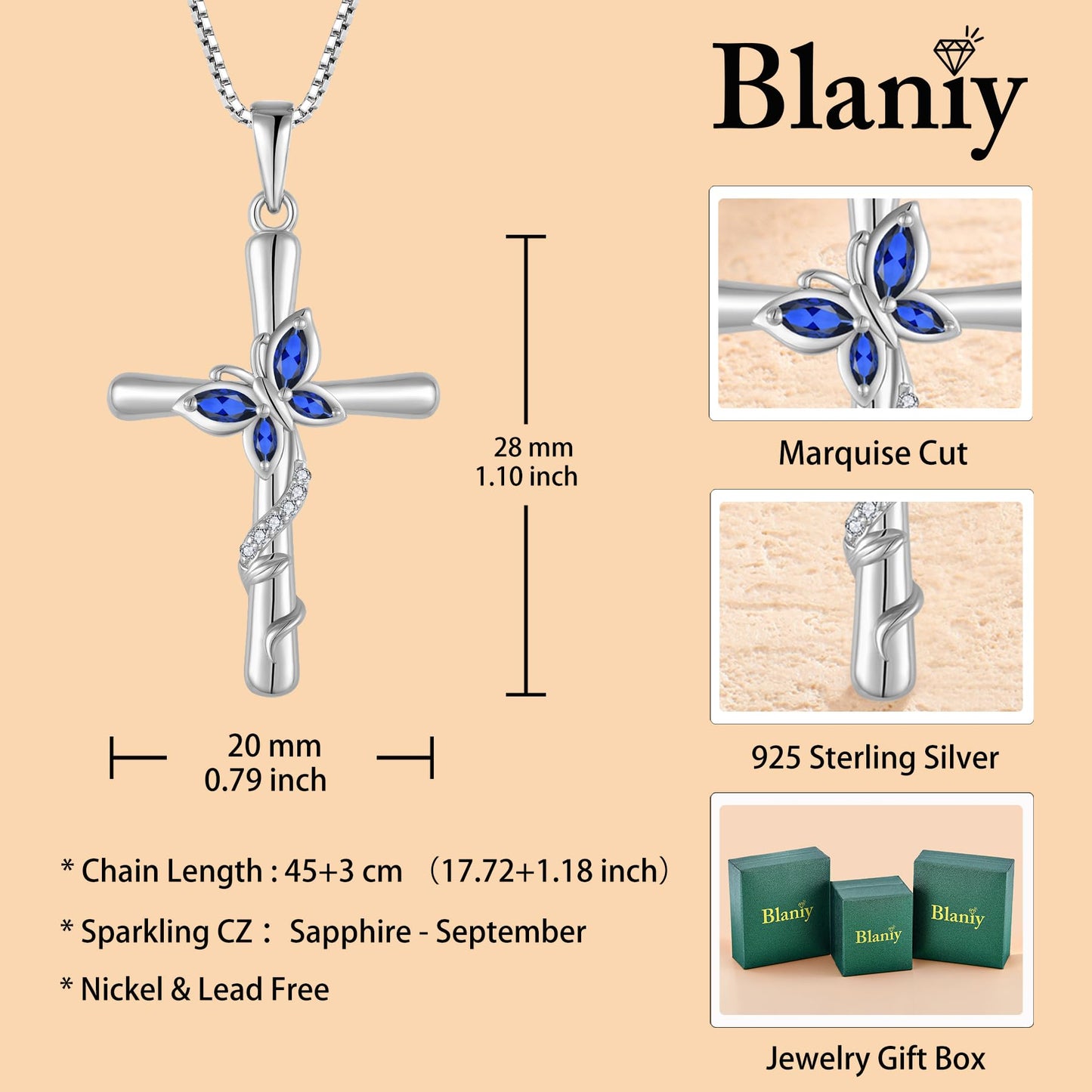 Blaniy Cross Necklace for Women 925 Sterling Silver Butterfly Necklace Sapphire Pendant Necklaces September Birthstone Jewelry Gifts for Women