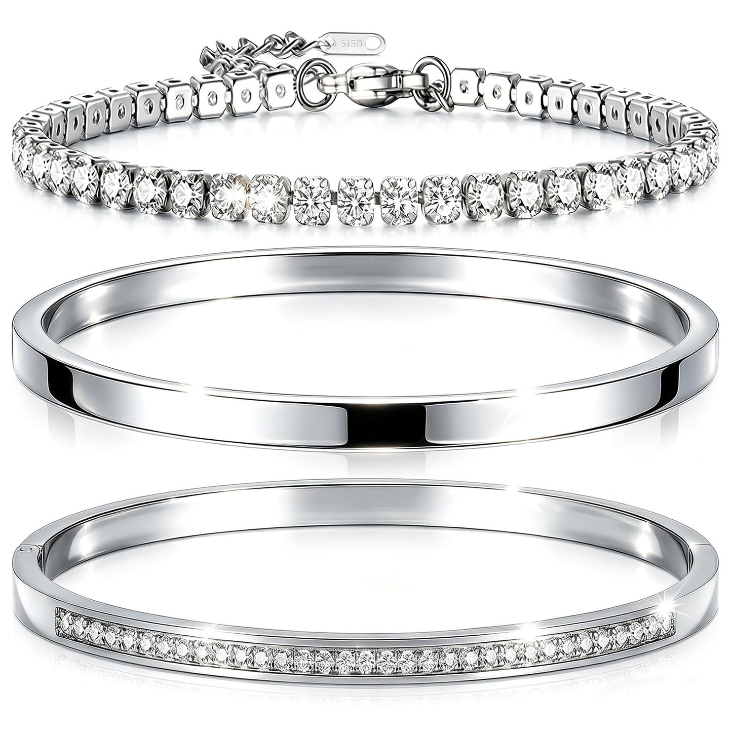 Camhanno Stackable Silver Bracelets for Women Stainless Steel Love & Friendship Bangle, Mothers Day Valentines Birthday Christmas Jewelry Gifts for Mom Her Wife Grandma (Silver Bracelet Stack 3pcs)