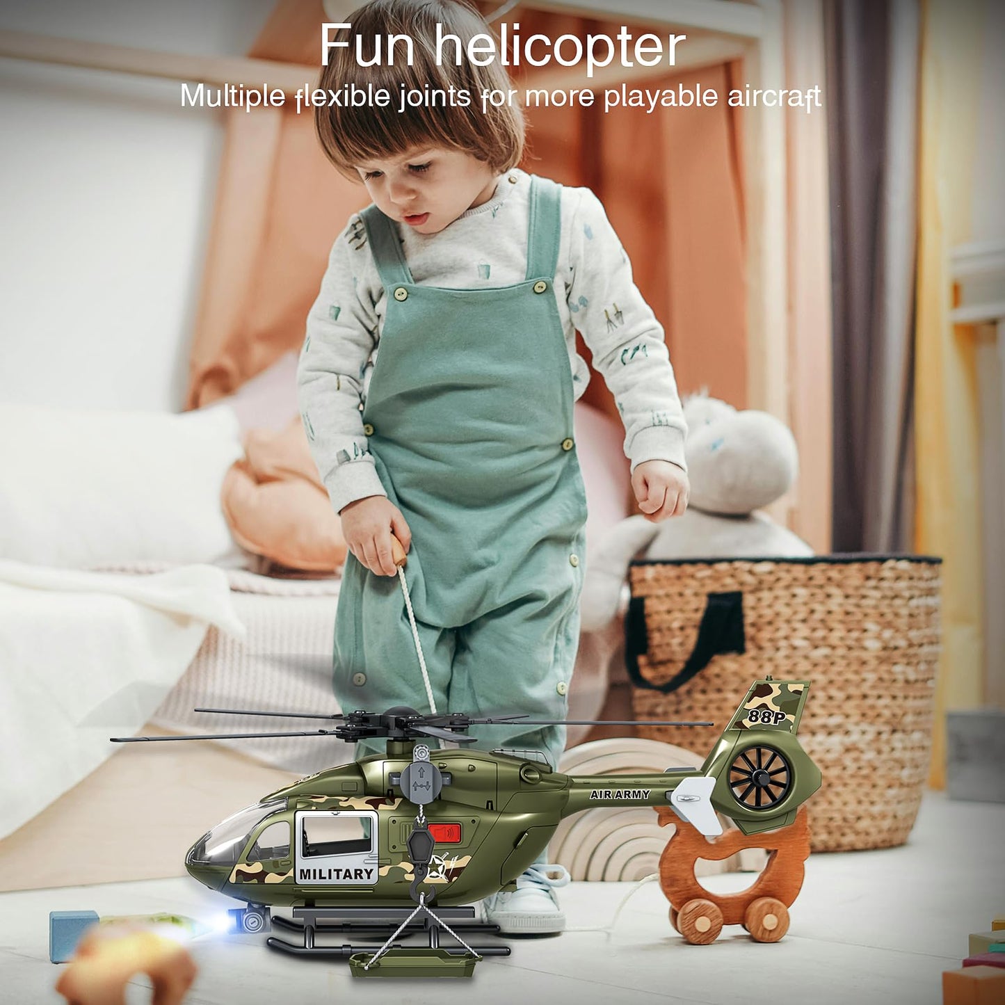 XUEXUE Large Military Helicopter Toy 15 Inch, Army Green Kids Helicopter with Crane & Hanging Tray, Toy Helicopter with Lights and Sounds, Helicopter Toys for Kids 3-5, Birthday Gift for Boys Age 3-7