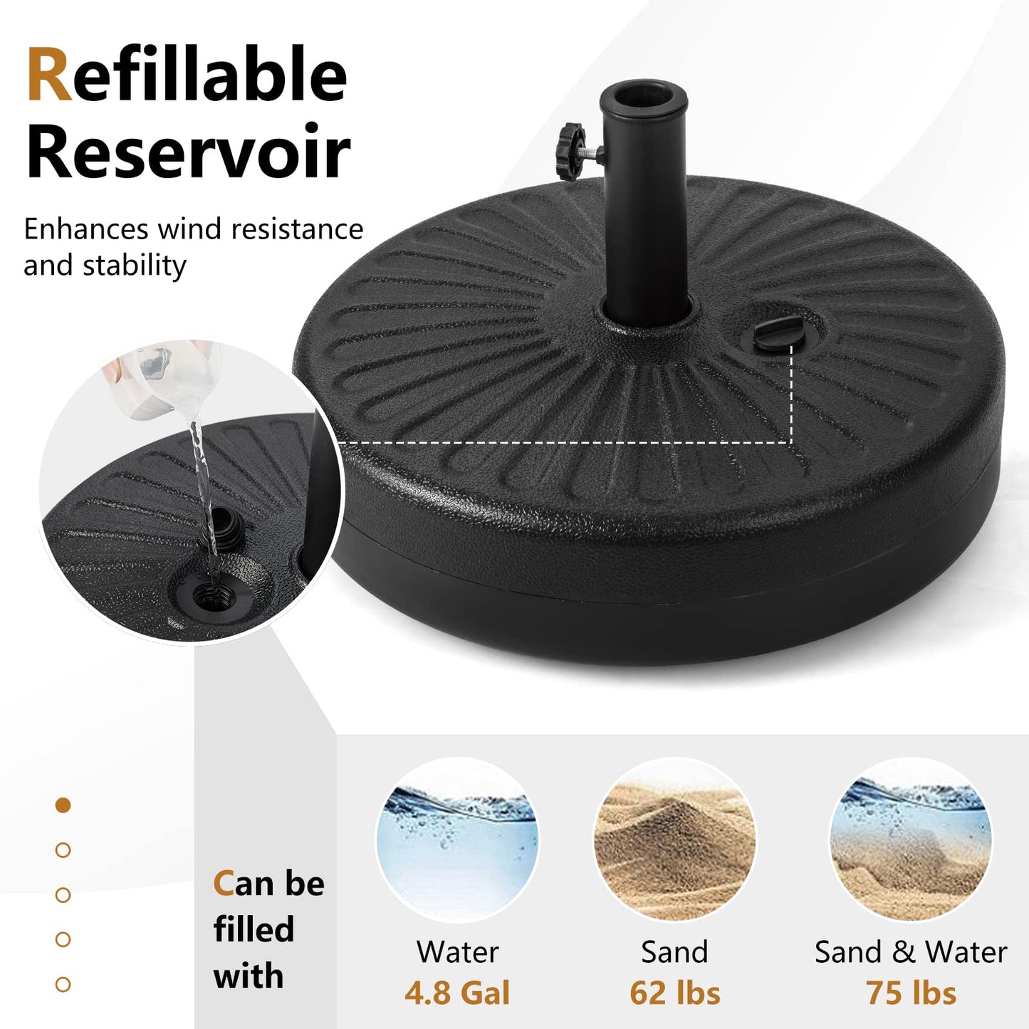 Tangkula Fillable Umbrella Base, 75 lbs Water & Sand Filled Heavy Duty 20 Inch Round Patio Outdoor Umbrella Weights, Umbrella Stand for Umbrella Pole 1.5-1.9 inches, for 9-10 ft Market Offset Umbrella