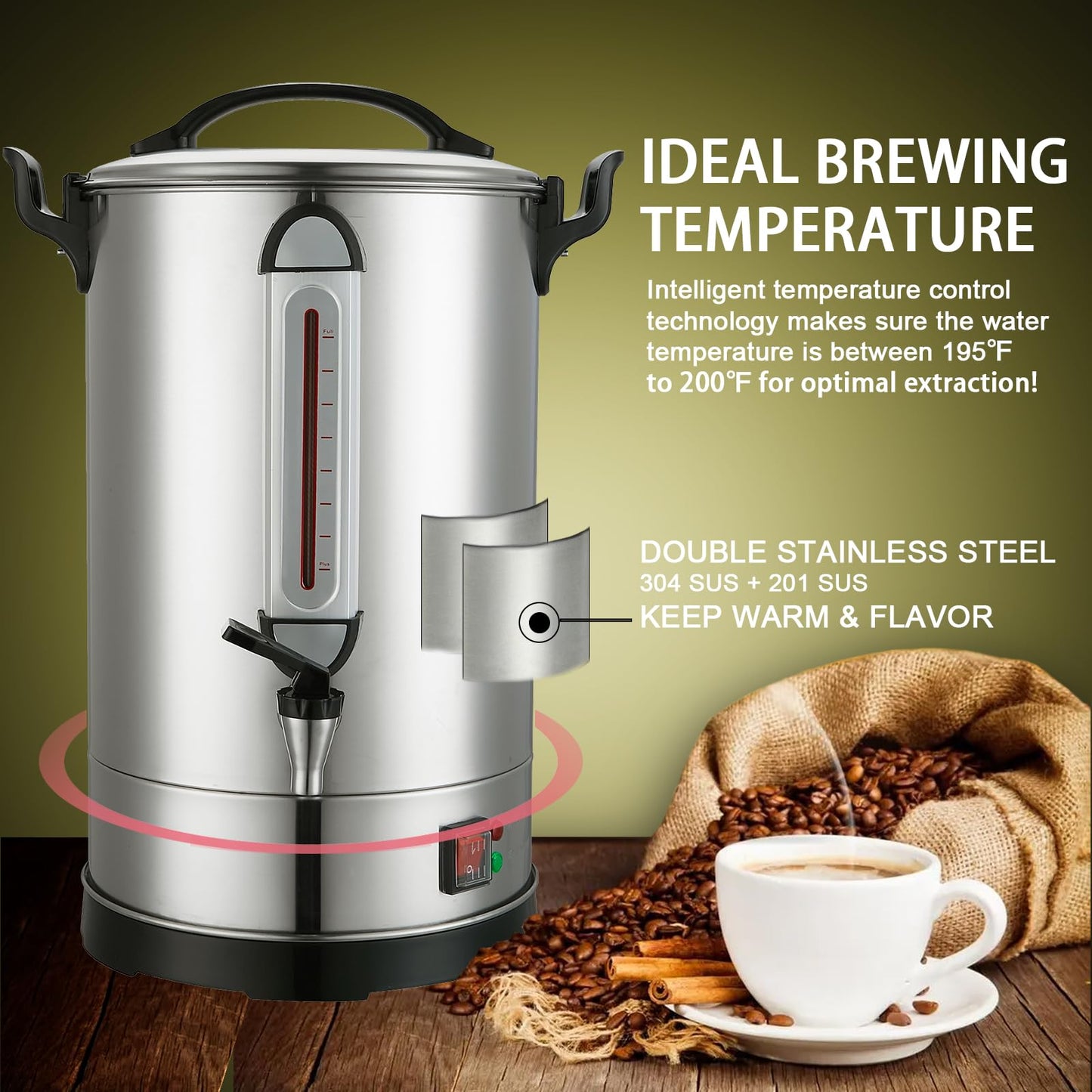 Commercial Coffee Urn Large Coffee Maker 100 Cup Coffee Maker Industrial Coffee Dispenser 1300W Quick Brew Dual Wall Stainless Steel Hot Water Urn Tea Maker Machine for Wedding, Catering, Events