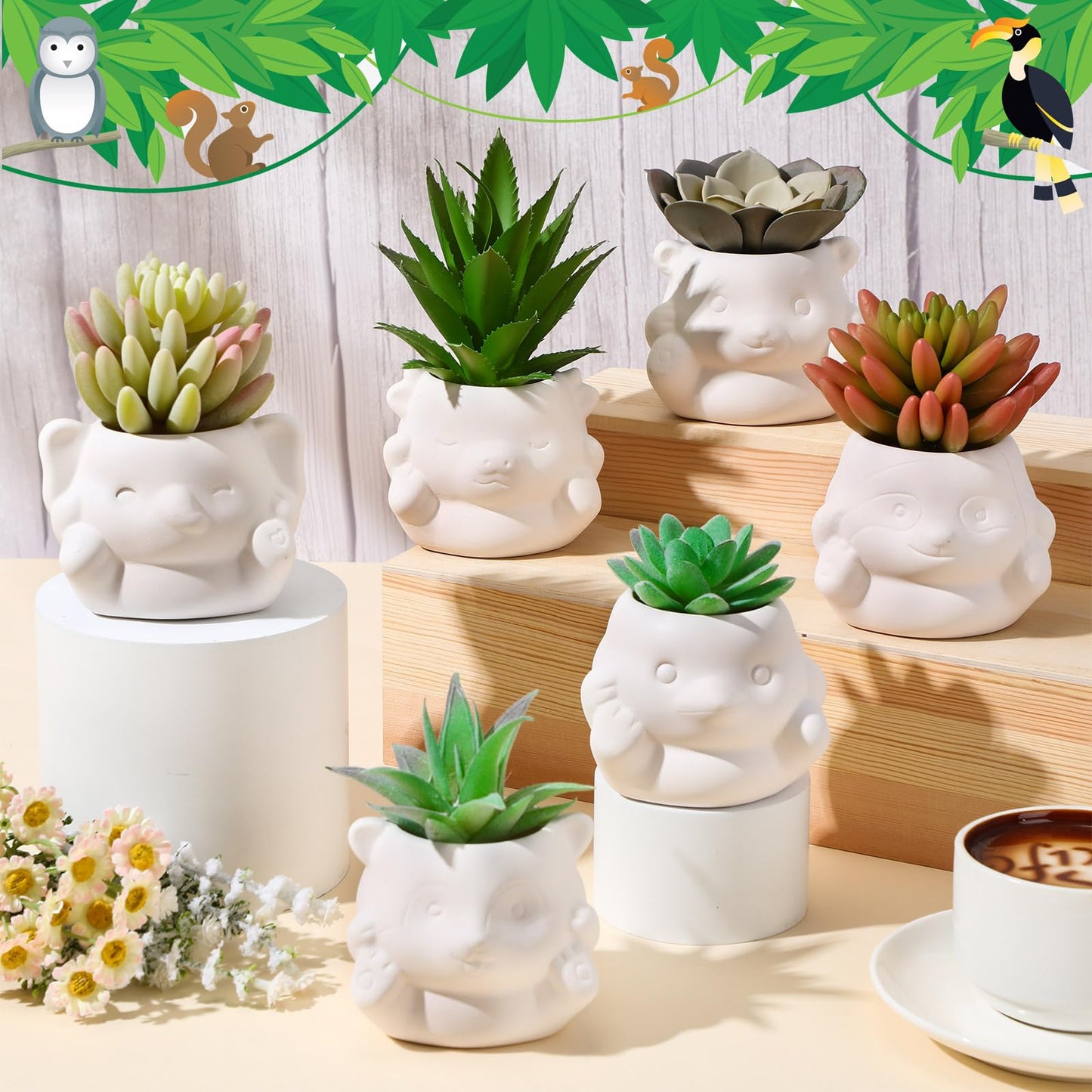 Chuangdi 6 Sets DIY Ceramic Succulent Pots Paint Animal Planters Unpainted Plant Flower Pot Paintable Ceramic Painting Kit Drainage Hole Color Paints Paintbrushes Palettes for Craft(Novel Style)