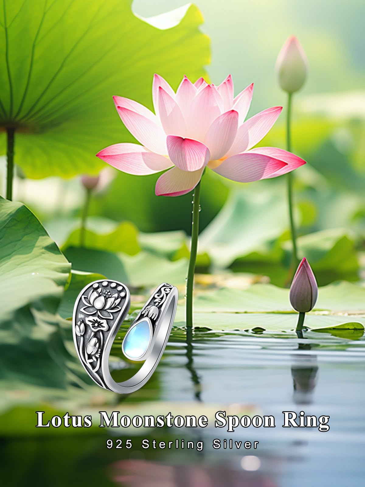 Midari Lotus Moonstone Spoon Rings for Women 925 Sterling Silver Adjustable Open Lotus Flower Finger Thumb Rings Just Breathe Jewelry for Women Yoga Lovers Birthday Christmas Gifts (with Fine Box)