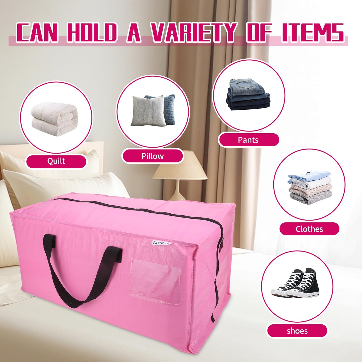 FASTORS 6-Pack Moving Bags,Heavy Duty Large Storage Bags with Zippers & Backpack Straps,Space Saver Bags are Packing Supplies for Moving & Travel,Alternative to Moving Boxes(Pink)