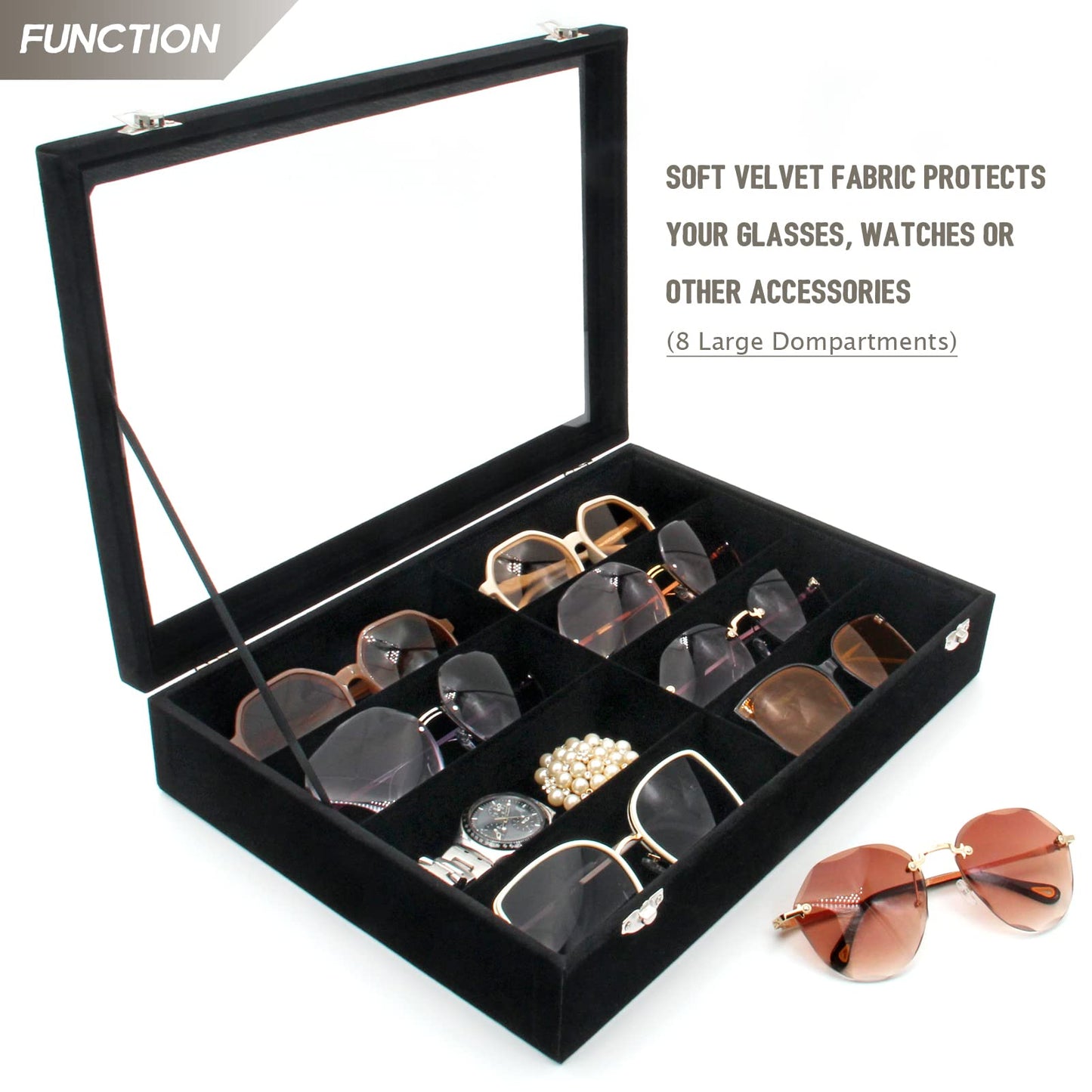 KLOUD City Luxury Sunglasses Organizer - 8 Slot Velvet Jewelry Storage Case with Clear Glass Lid | Dustproof, Scratch-Resistant Display for Glasses & Watches | Elegant Gift Box (14"x9.5")