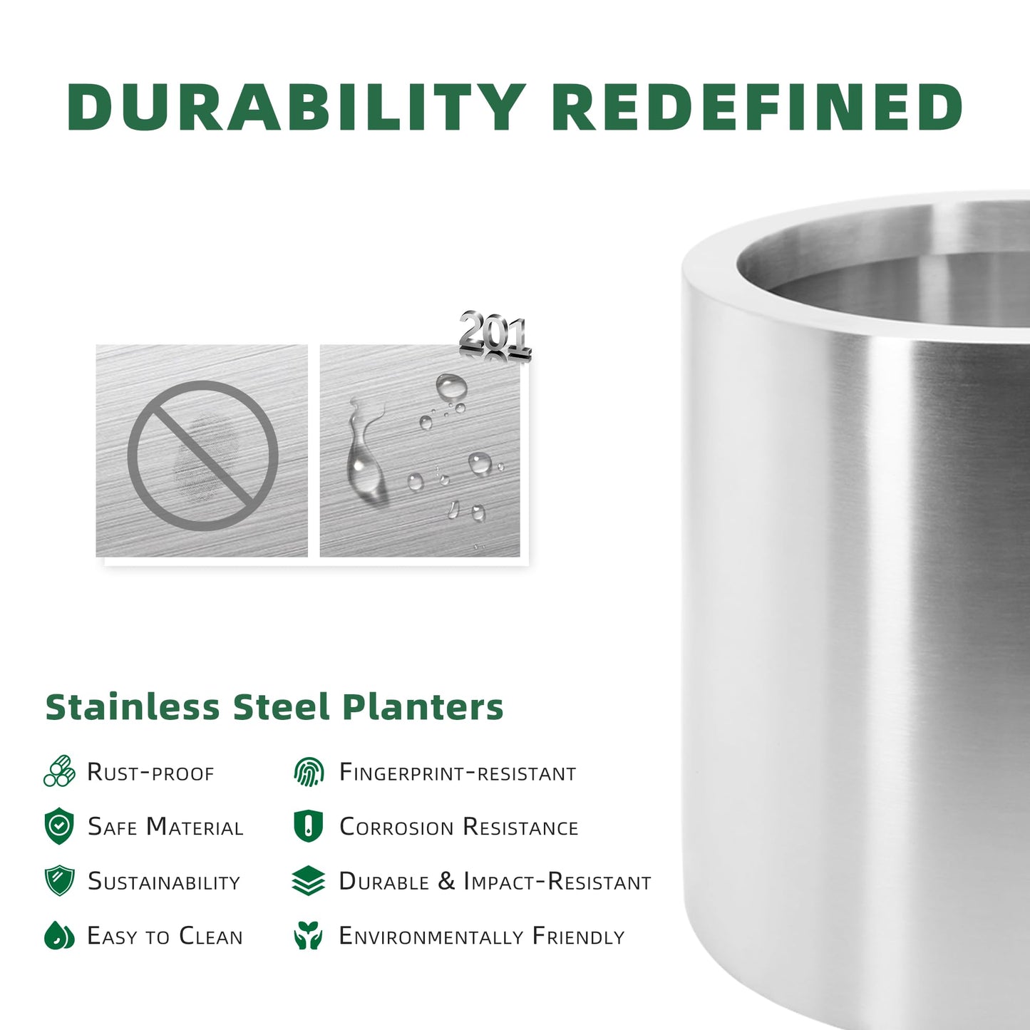 Modern Indoor Outdoor Large Stainless Steel Plant Pot and Plant Caddy with Wheels for Home Patio Garden,11.81 Inch Dia Round Planter, Easy to Clean and Move