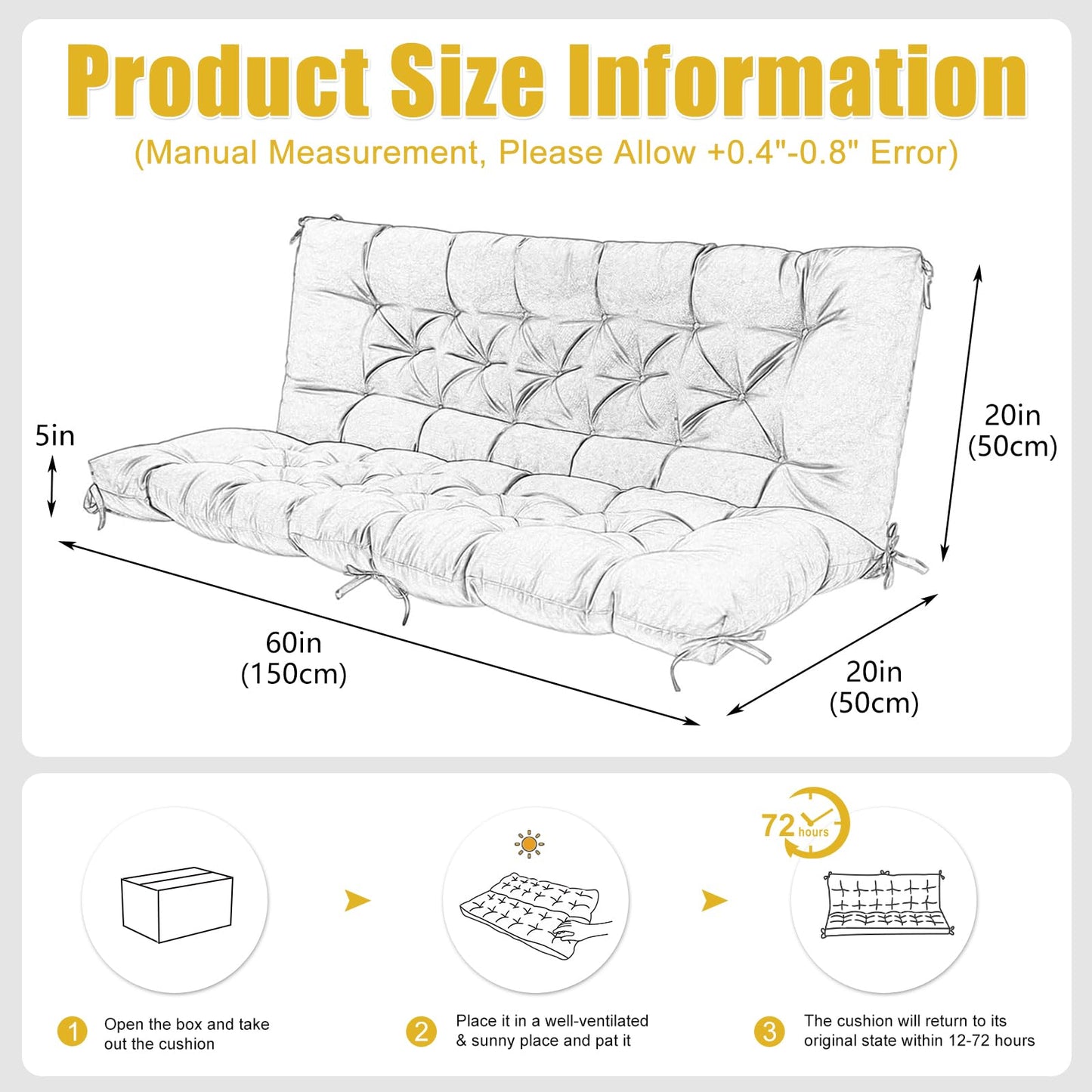 Mokoey Porch Swing Cushions 60 inch Bench Cushion Waterproof Outdoor Swing Cushions 3 Seater Thick 5in Replacement Swing Cushions for Outdoor Furniture Patio (Yellow-60x40 inch)