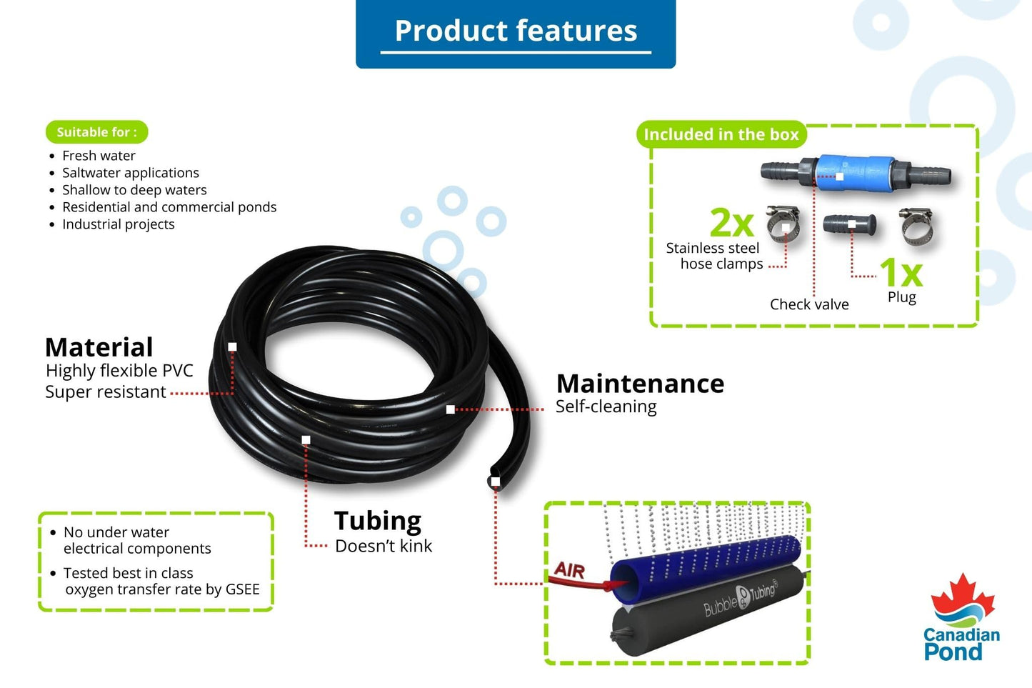 BUBBLE TUBING (½ in – Fine Bubble self-Sinking Diffuser Airline for Pond & Water Garden Aeration | High Oxygen Transfer, aerates and de-ICES Ponds, Easy Installation (50')