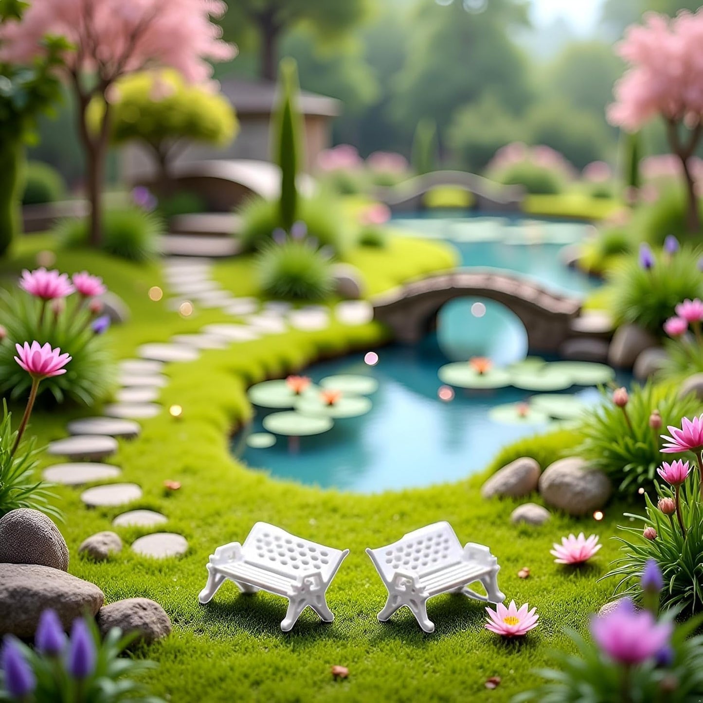 2Pcs Mini Garden Ornaments, Miniature Park Bench Set, Park Street Seats Chairs Kit for Dollhouse Decor