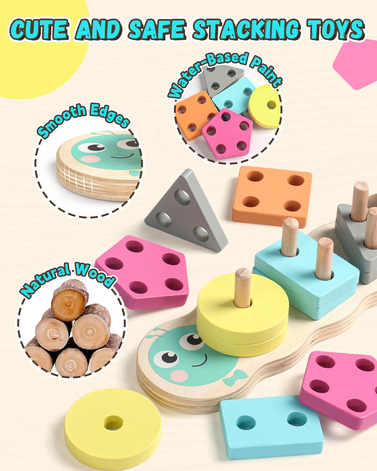 Zeewoo Montessori Toys for 1 2 3 Year Old Girl Boy Gifts Educational for 1-2 Year Old Caterpillar Wooden Shape Sorter Stacking Toys for Toddlers 2-4 Preschool Learning Toy Birthday Gift