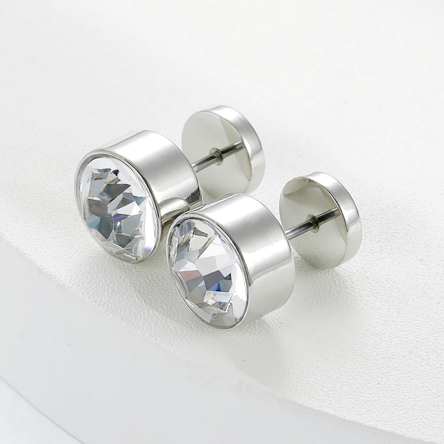 VOLUKA Titanium Earrings Screw Flat Back Earrings Studs Hypoallergenic for Sensitive Ears Cubic Zirconia Created Quartz Punk Dot Disc Barbell Stud Earrings-8mm CZ