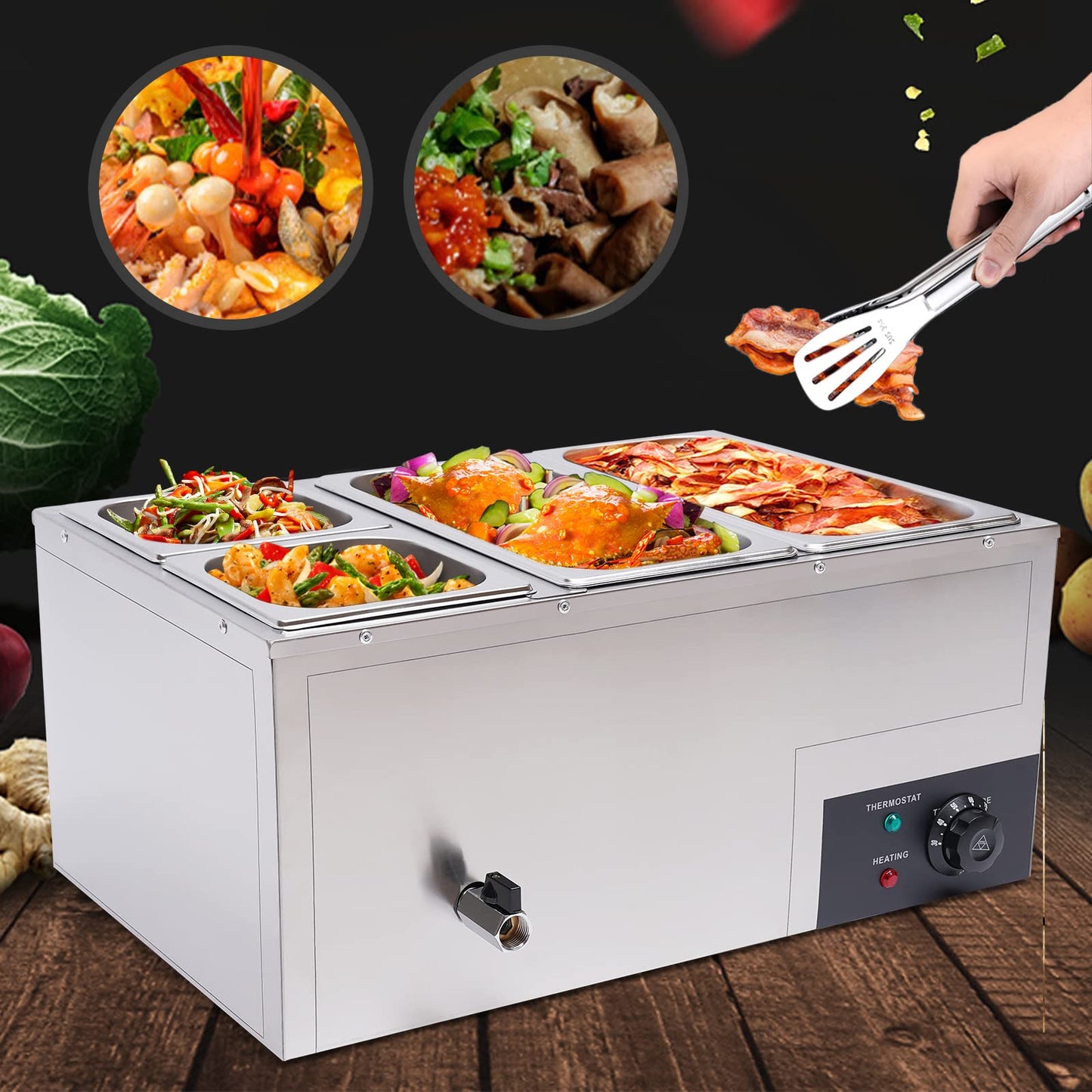 DYNAMI 110V 850W Commercial Buffet Food Warmer,Large Capacity 4 Pan(7.4QT*2+3.2QT*2) Stainless Steel Electric Countertop Steam Table with Intelligent Thermostat Design,for Parties Buffet Catering