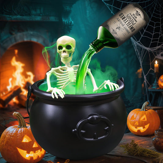Halloween Decorations - Cauldron Halloween Decor with Magic Floating Potion Bottles Fog Diffuser Spooky Skeletons & Black Plastic Witches Bowl for Indoor Outdoor Party/Table/Mantel/Kitchen Decor