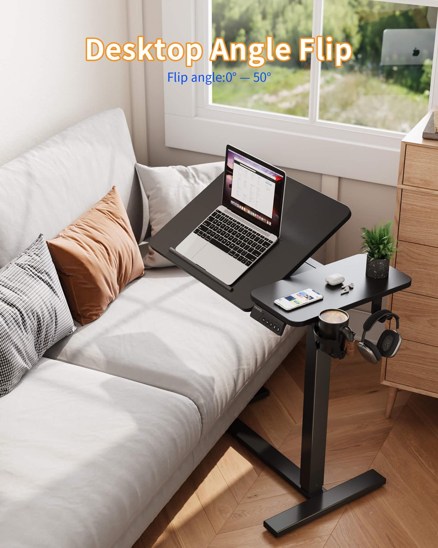 YIHAYO Electric Adjustable Overbed Bedside Table with Wheels, 24 x 16 Inches Mobile Standing Desk, Laptop Desk, Movable Overbed Tables Hospital Home Use, Black