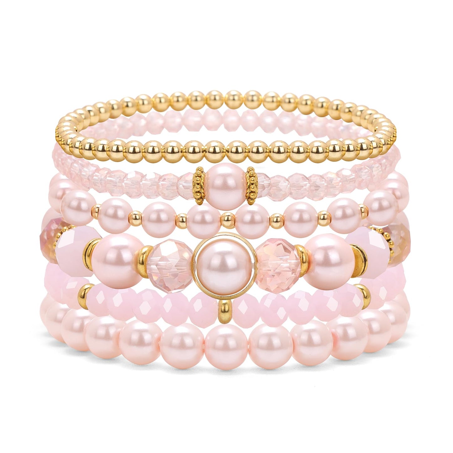 Raicegs 6PCS Beaded Bracelet 14K Gold Pearl Stretch Bracelet Stackable Crystal Beads Bracelets Boho Trendy Jewelry Gift for Women