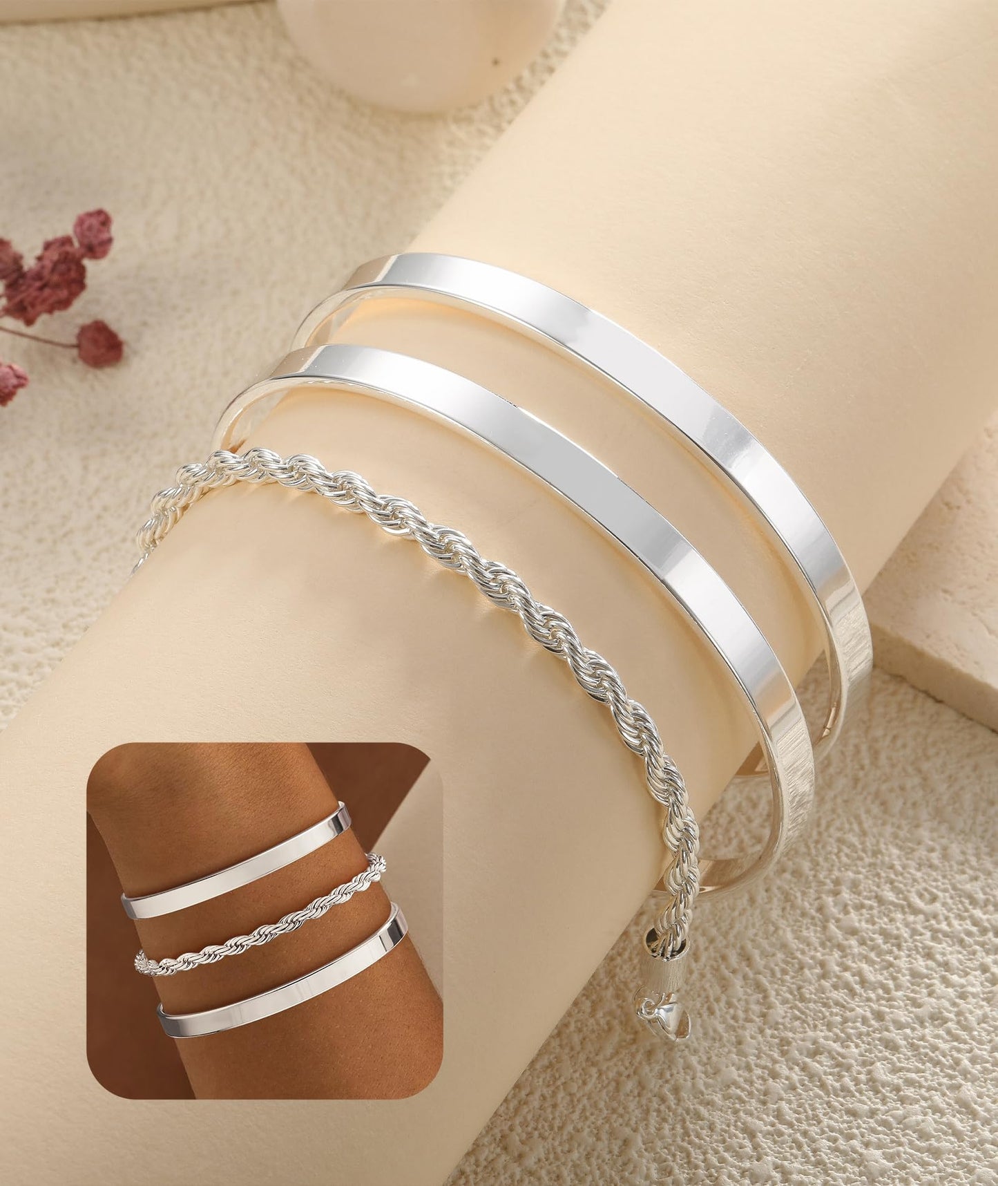 ZOERAY Silver Gold Bangle Bracelets for Women Non Tarnish 14k Gold Plated Stackable Cuff Bracelets for Women Trendy Cubic Zirconia Stainless Steel Chunky Bracelet Stack Set Waterproof Jewelry Gifts