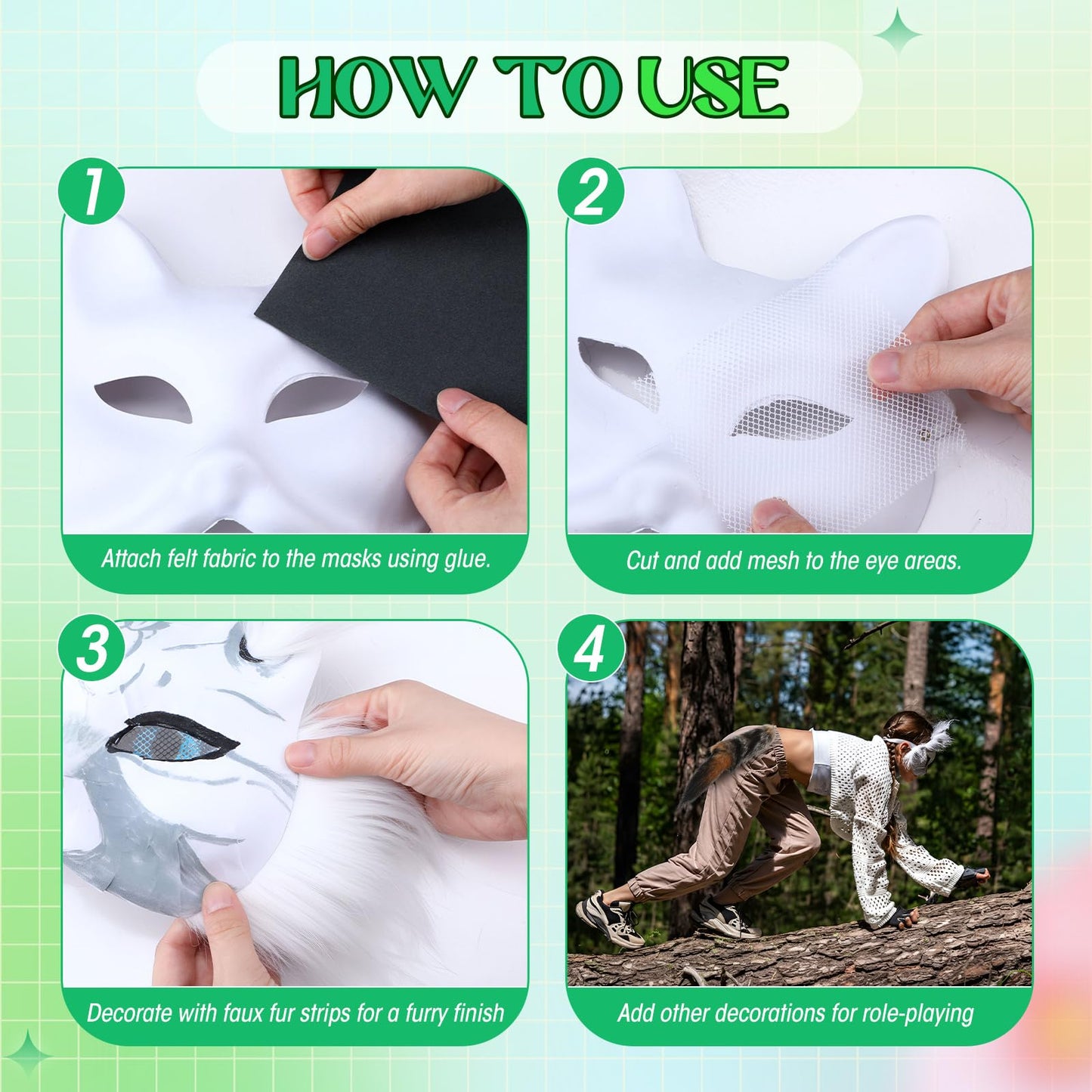 Soulchen 34 Pcs DIY Therian Fox Tail and Mask Kit Blank Cat Masks Craft Set Include Faux Felt Fur Sheet Plastic Eye Mesh Leather Necklace Dentures Star Stickers for Halloween Masquerade Cosplay Party