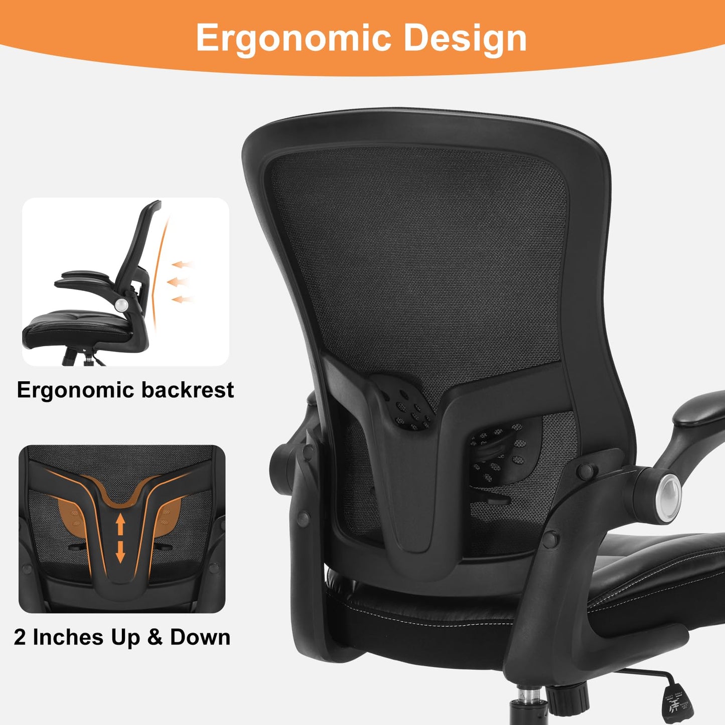 Ergonomic Office Chair, PU Leather Ergonomic Desk Chair with Mesh Back Adjustable Lumbar Support Home Gmaing Desk Chair with Wheels and Flip-Up Armrests, 360°Swivel, Tilt Lock and Wide Cushion-400LBS