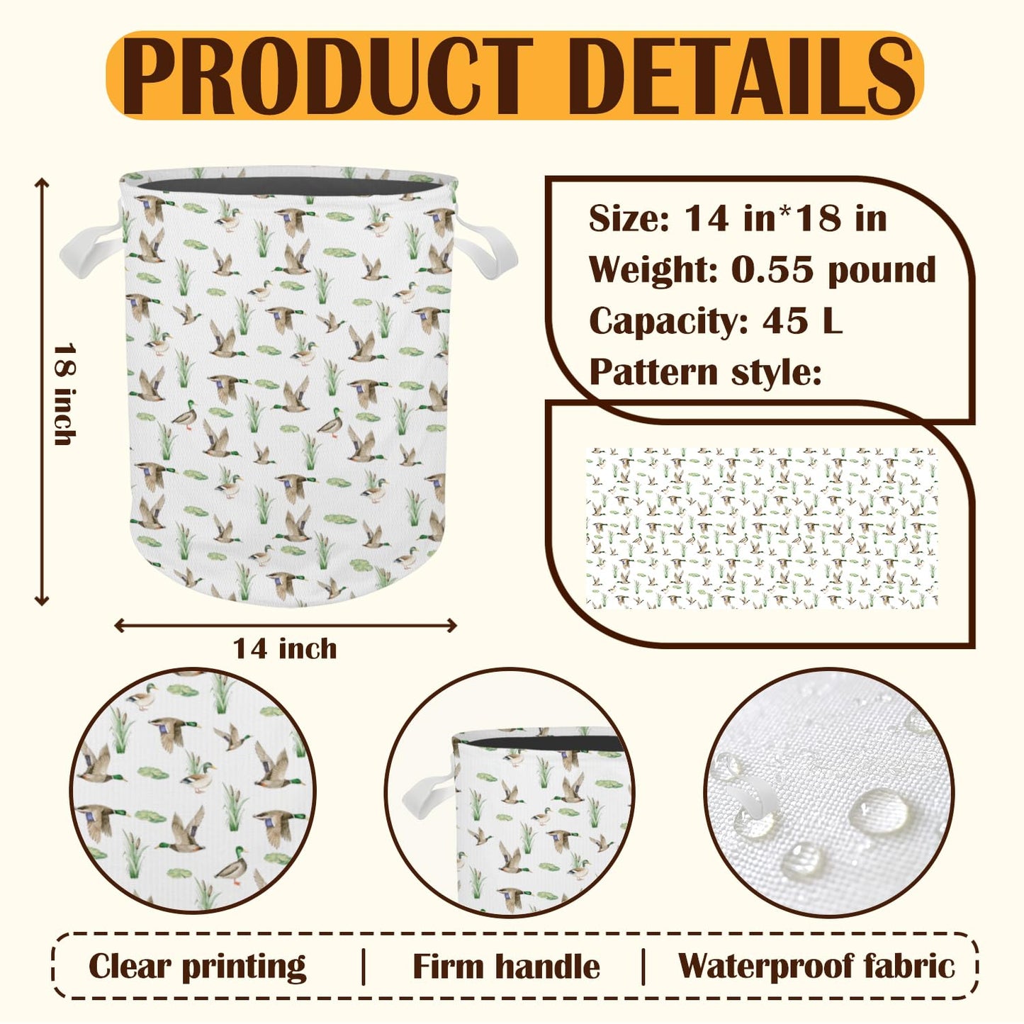 Cilrii Mallard Duck Nursery Laundry Basket, Farmhouse Waterfowl Mallard Ducks Laundry Basket Hamper Waterproof Collapsible Clothes Toys Storage Bin for Bedroom Bathroom Kids Room, Toybox for Boys