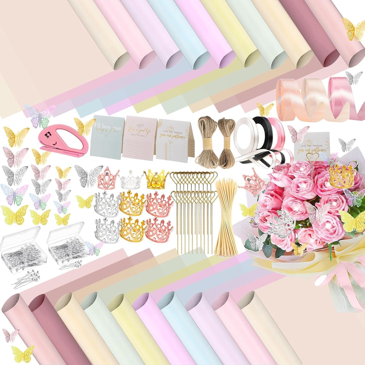 DNSGOOR 548Pcs Flower Wrapping Paper Kit with 200Sheets Waterproof Bouquet Wrapping Paper Decor Crowns 3D Butterfly Bouquet Pins Ribbons for Valentines Graduation Birthday Home Party