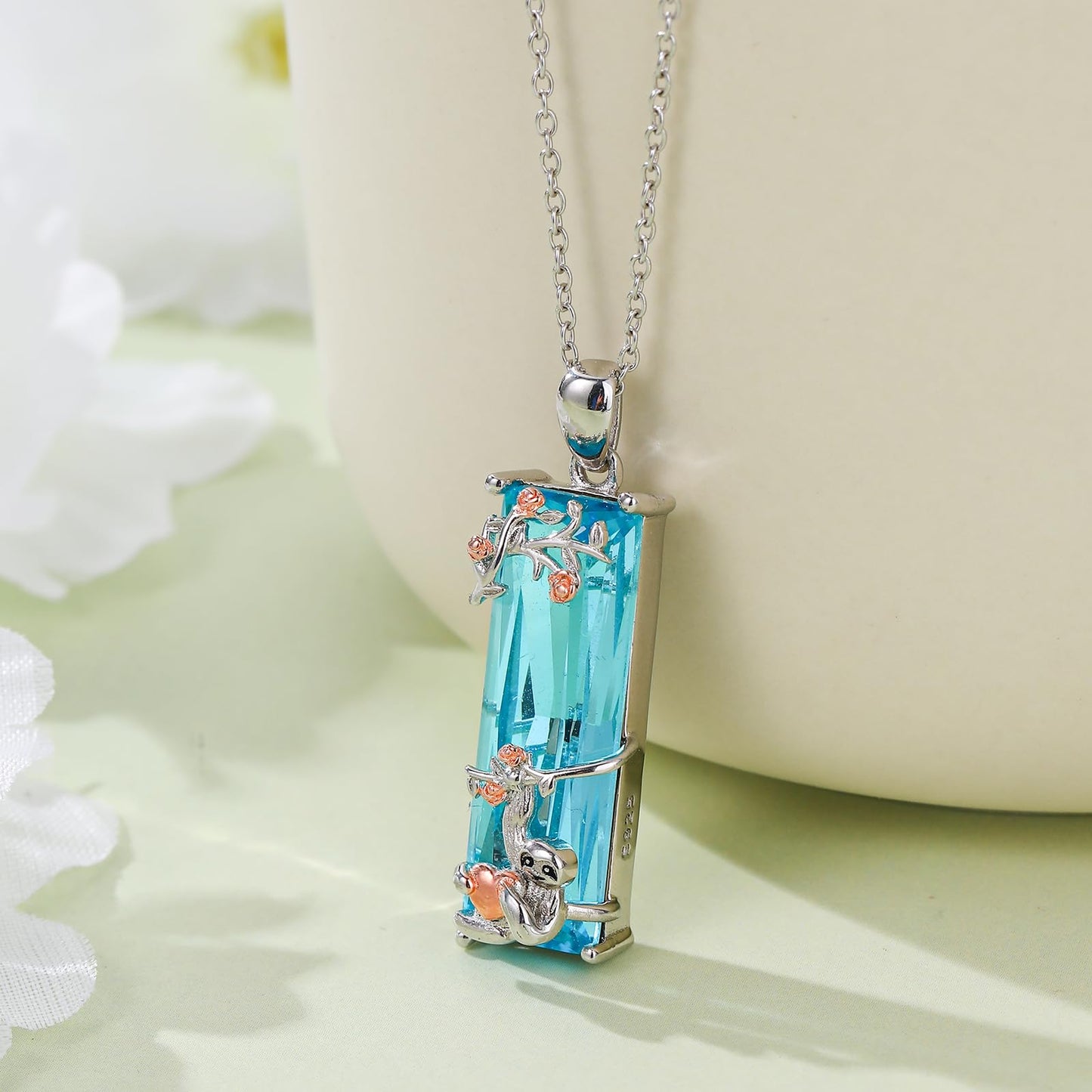 AENEAS Valentines Day Gifts for Women Her Sloth Necklace 925 Sterling Silver Rose Flower Blue Crystal Sloth Hold Heart Jewelry Gift for Daughter Women Wife