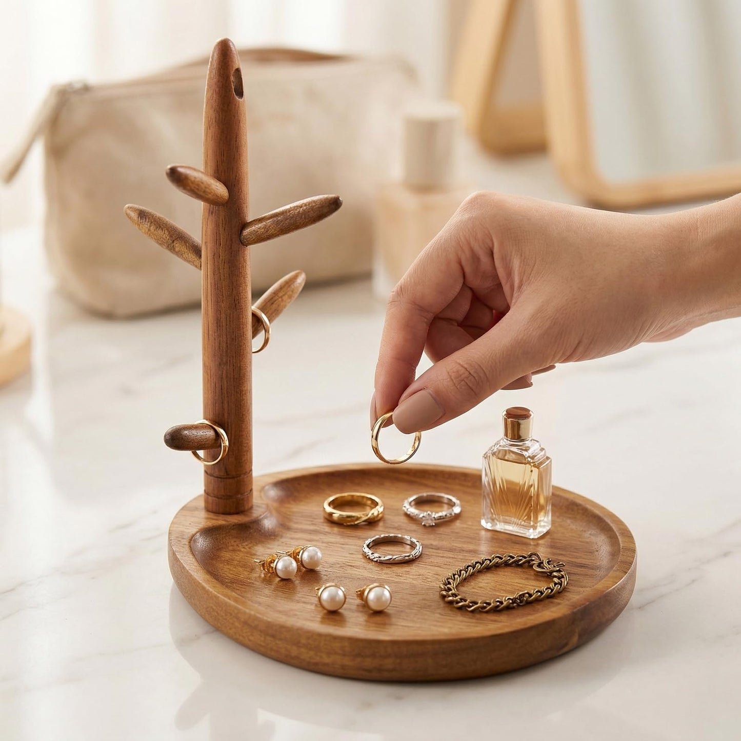 LEASUR Solid Acacia Key Tray, Jewelry Tray with Ring Holder Dish, Organizer for Entryway Table Dresser Nightstand Bathroom, Decorative Wooden Room Decor Gift for Women Men