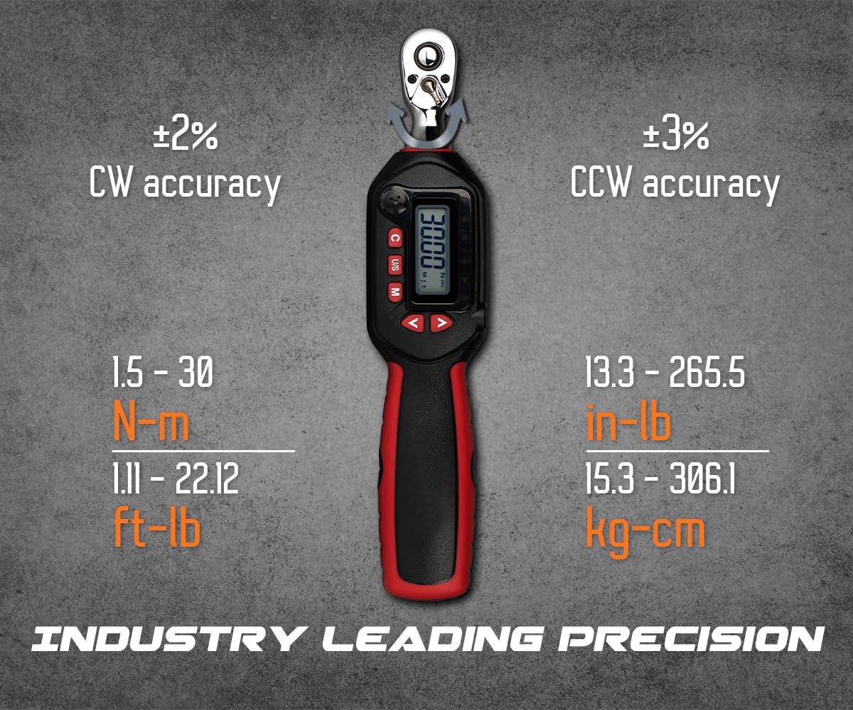 Tapha Tools 1/4 inch Compact Digital Torque Wrench 1.11-22.12 ft-lbs (1.5-30 N-m) Torque Range ±2% Accuracy, LED and Buzzer, Preset Memory, ISO 6789 Tested and Calibrated