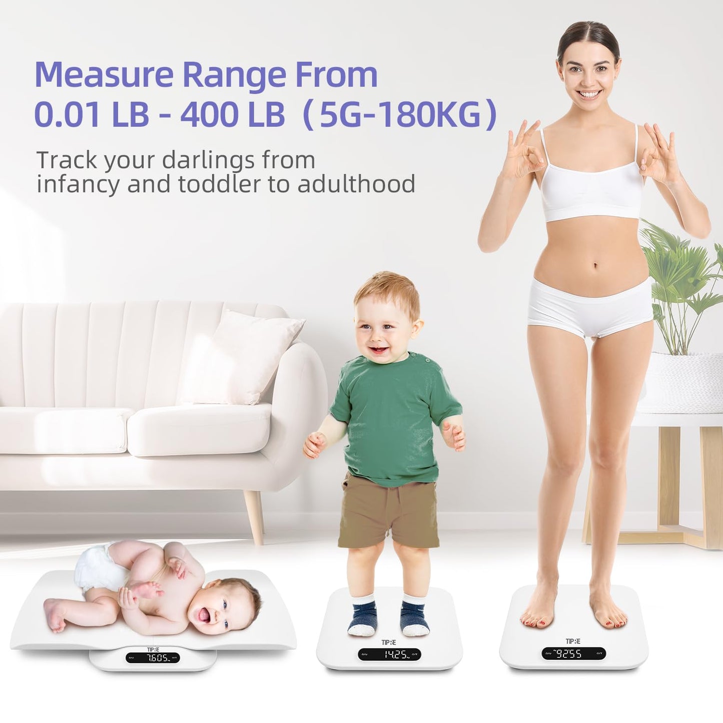TIPRE Baby Weight Scale, Infant Scale with Detachable Tray, Pet Scale for Cat Dog, Multiple Weighing Scale for Toddler, Children, Pet and Adult Auto-Rotation LED Screen, Up to 400lb/180kg