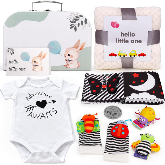Baby Shower Gifts Basket for Newborn Baby Boy Girl Gender Reveal with Newborn Essentials Baby Rattles Blanket Onesie Black and White High Contrast Baby Book Toys 0-6 Months Baby Girls Boys Shower Gift