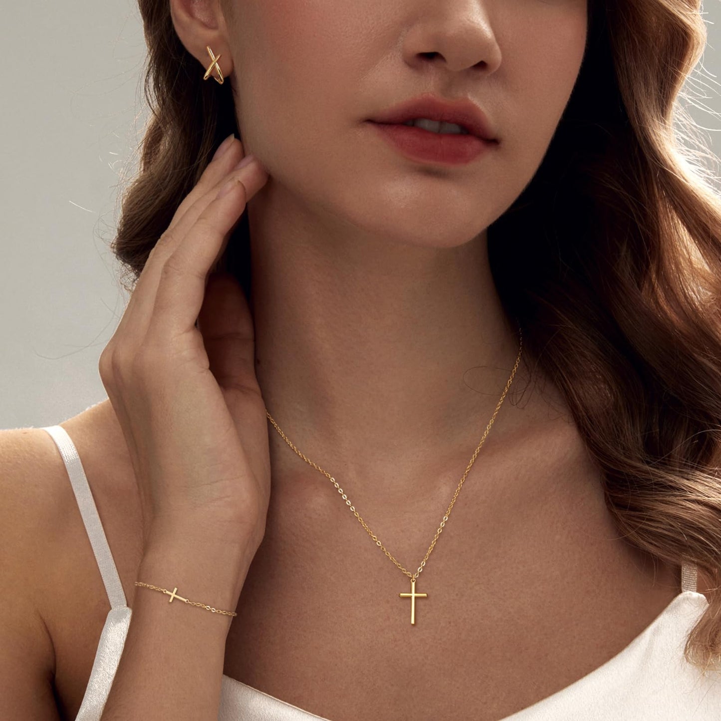 HAXIYA Gold Cross Necklace Set for Women Cross Bracelet Dainty Simple Minimalist Gold Stud Earrings Jewelry Sets Pack of 3 Party Prom Gift